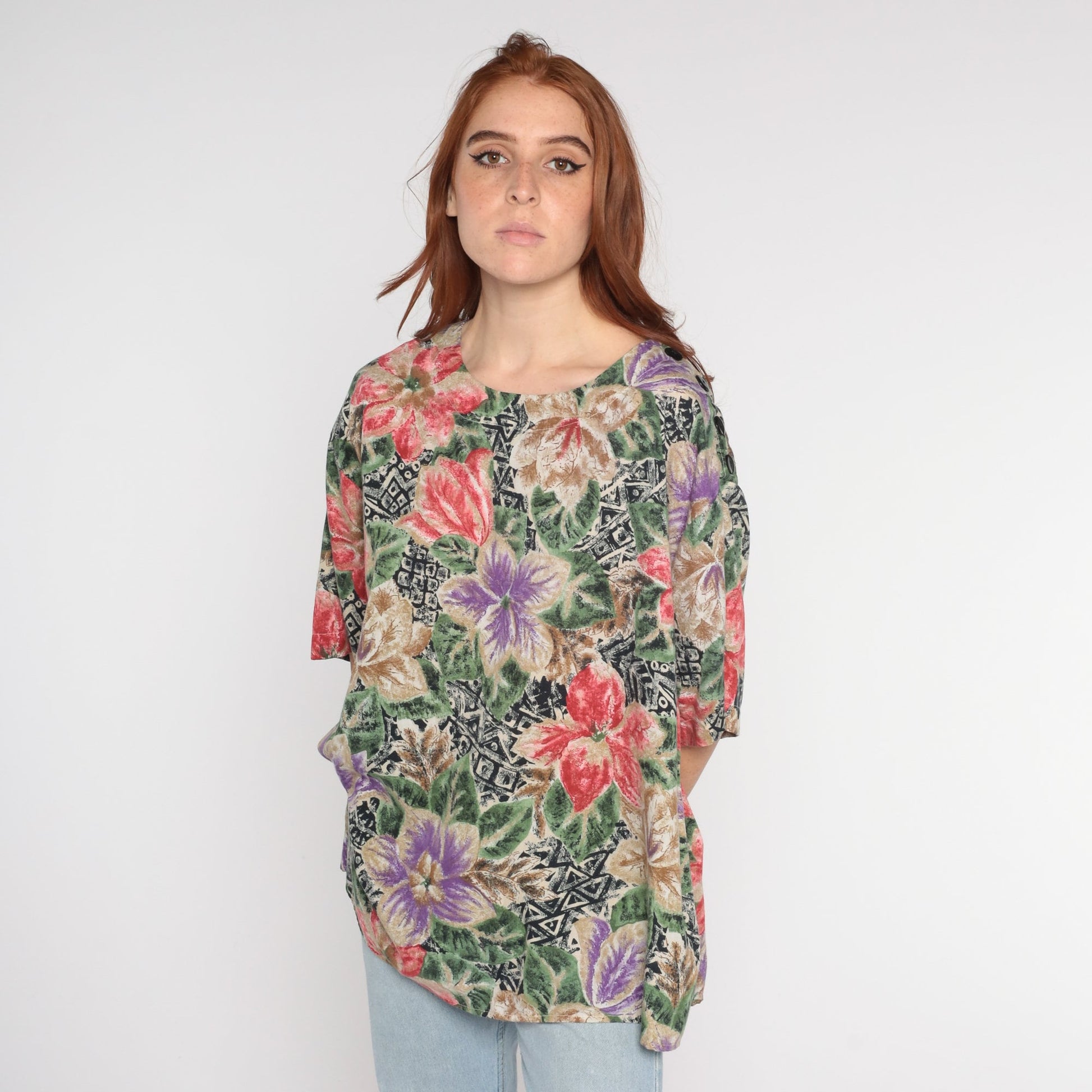 90s Hawaiian Floral Geometric Print Blouse Short Sleeve Plus Size XXL