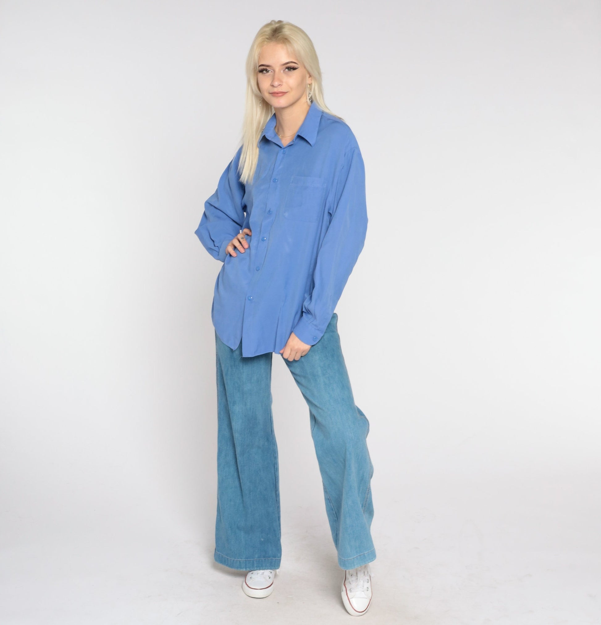 Y2K Blue Button-Up Shirt Long Sleeve Collared Oxford Extra Large