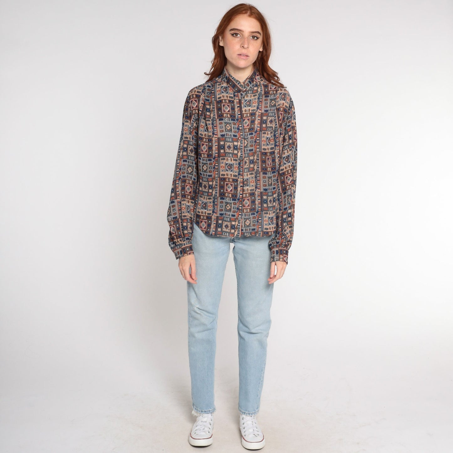 80s Geometric Print Button Up Blouse Mandarin Collar Balloon Sleeve Medium