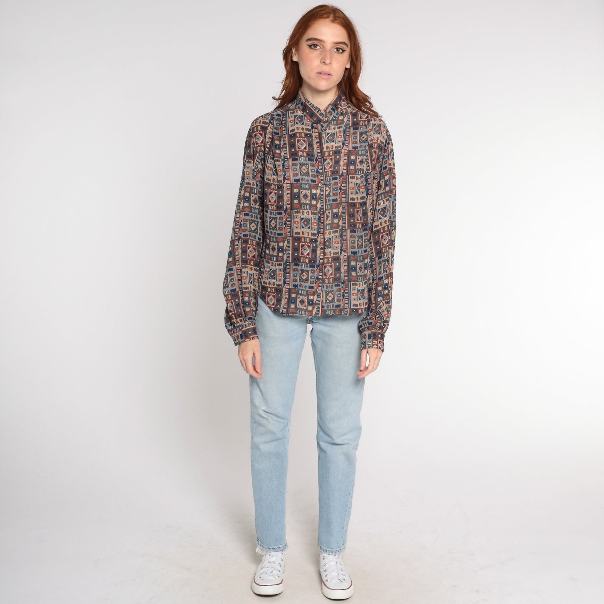 80s Geometric Print Button Up Blouse Mandarin Collar Balloon Sleeve Medium