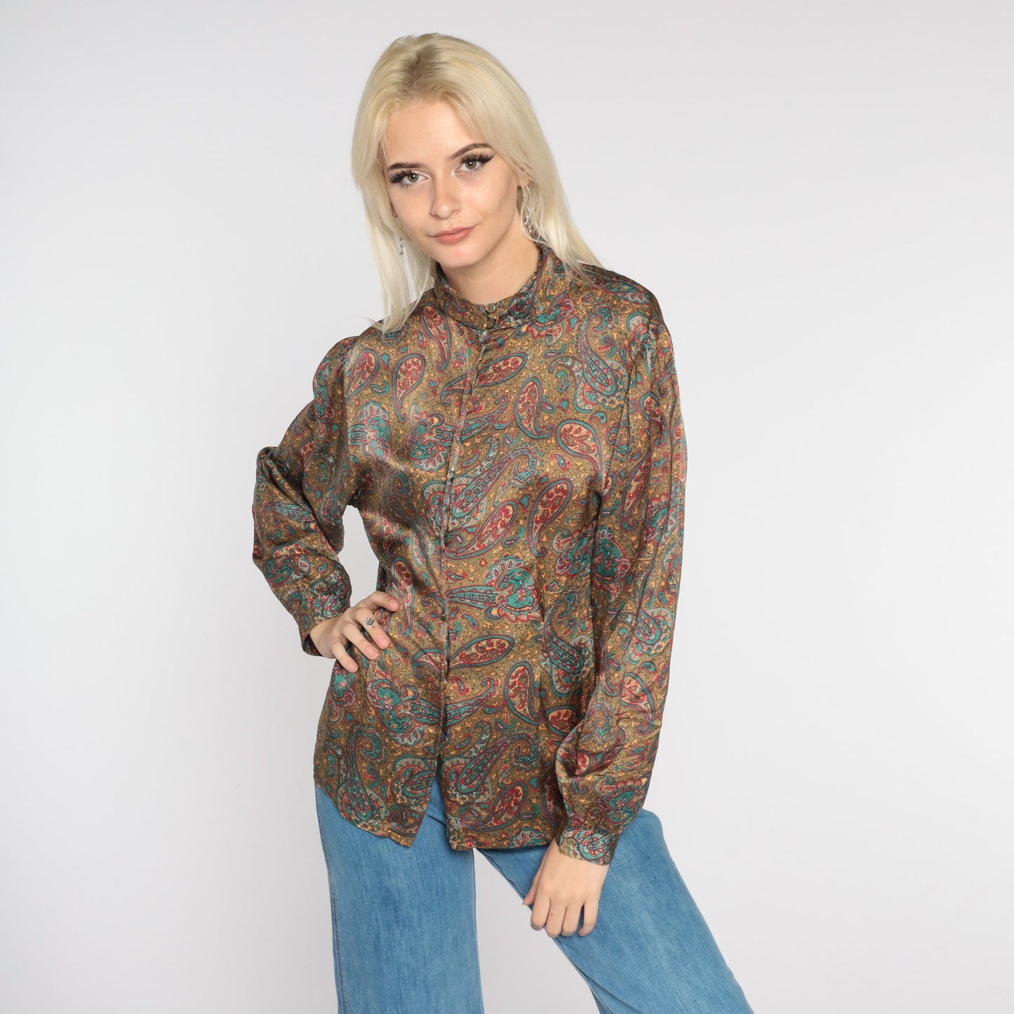 80s Paisley Silk Blouse High Neck Button Up Long Sleeve Large L