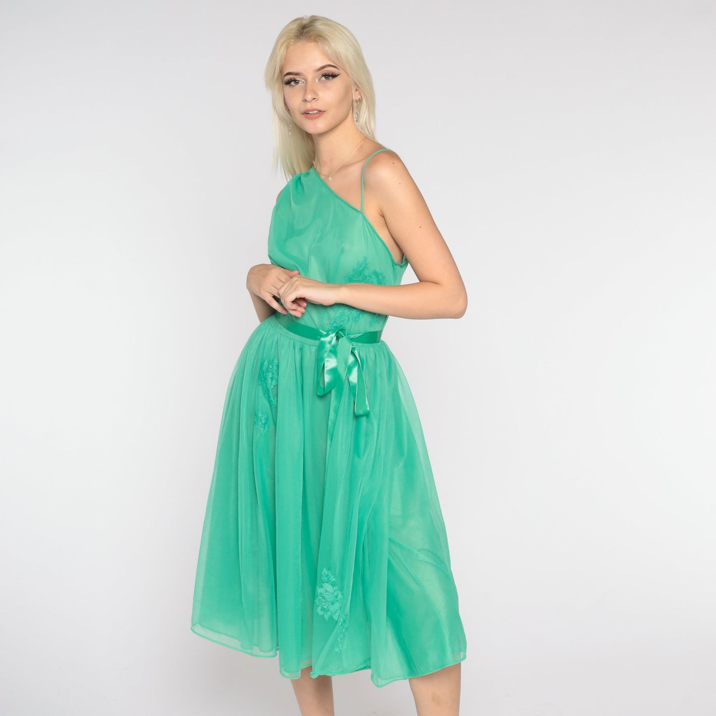 1960s One-Shoulder Slip Dress Green Floral Lace Midi Small