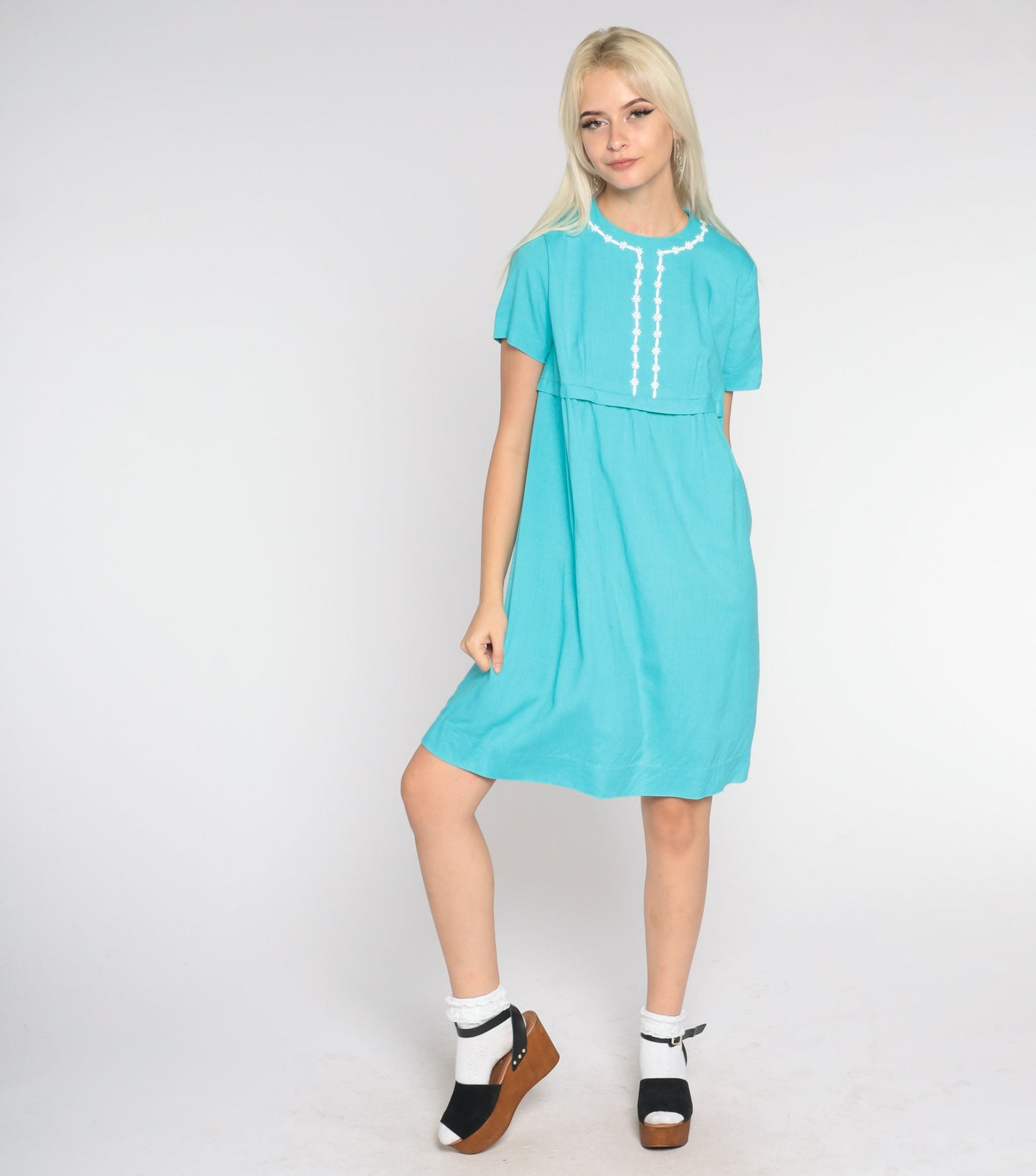 60s Bright Blue Mini Shift Dress Floral Trim Empire Waist Small
