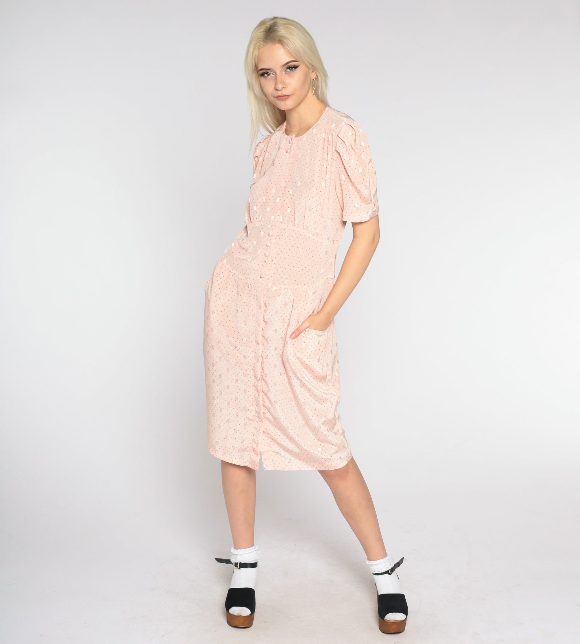 80s Blush Pink Button-Up Sheath Dress Puff Sleeve High Waist Knee Length Medium M