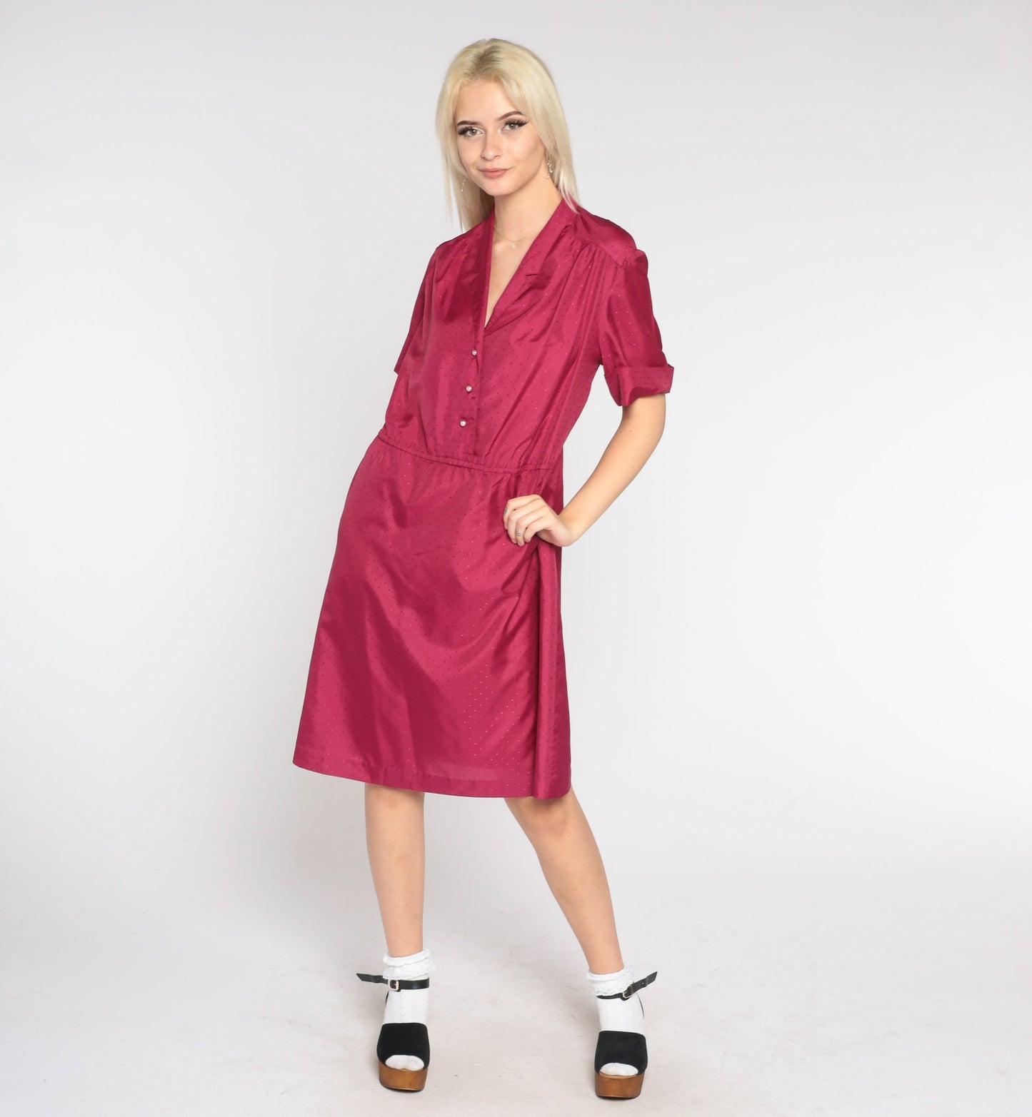 80s Berry Red Shirtwaist Mini Dress Embossed Dots Button-Up Collar Medium Large