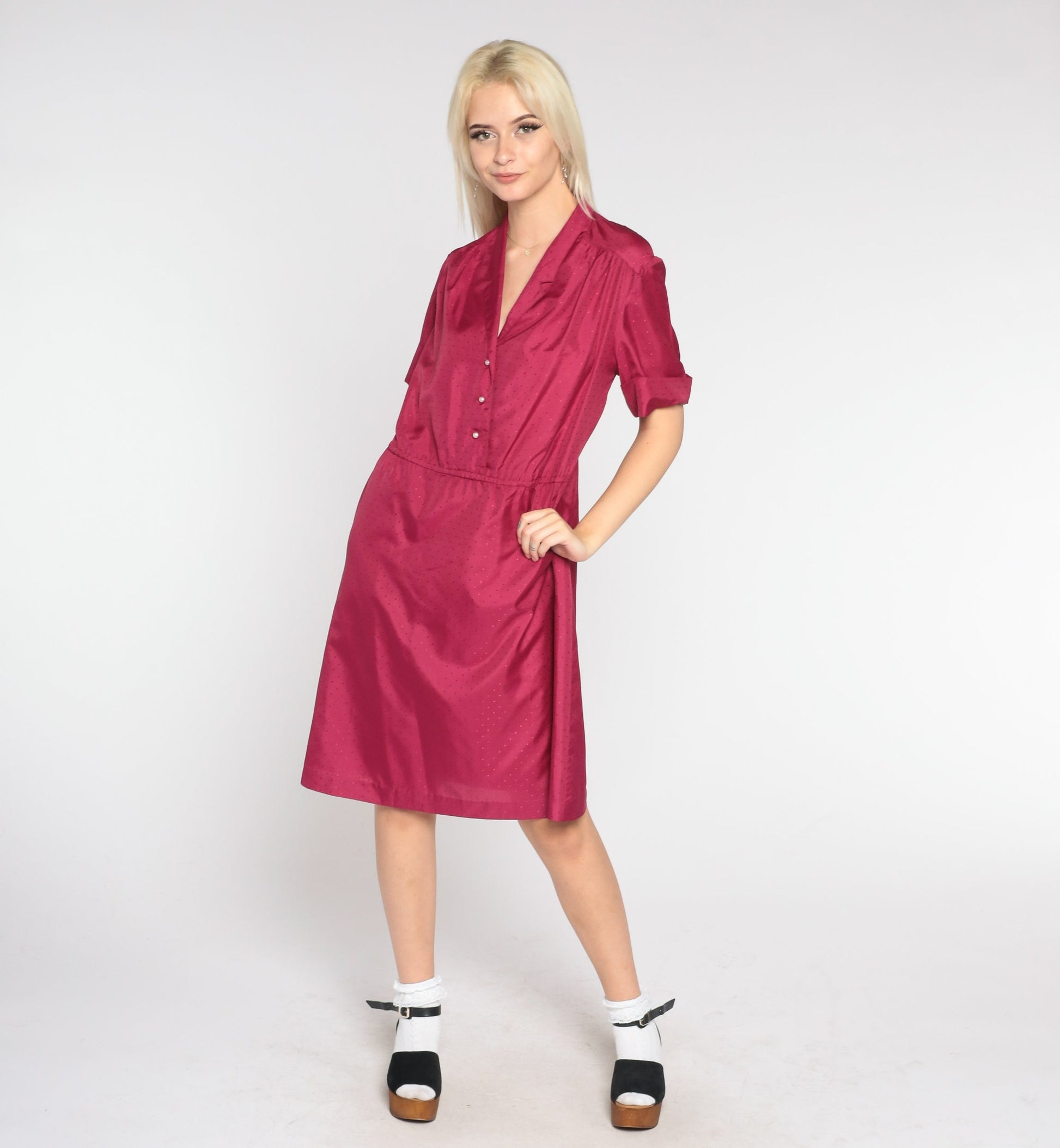 80s Berry Red Shirtwaist Mini Dress Embossed Dots Button-Up Collar Medium Large