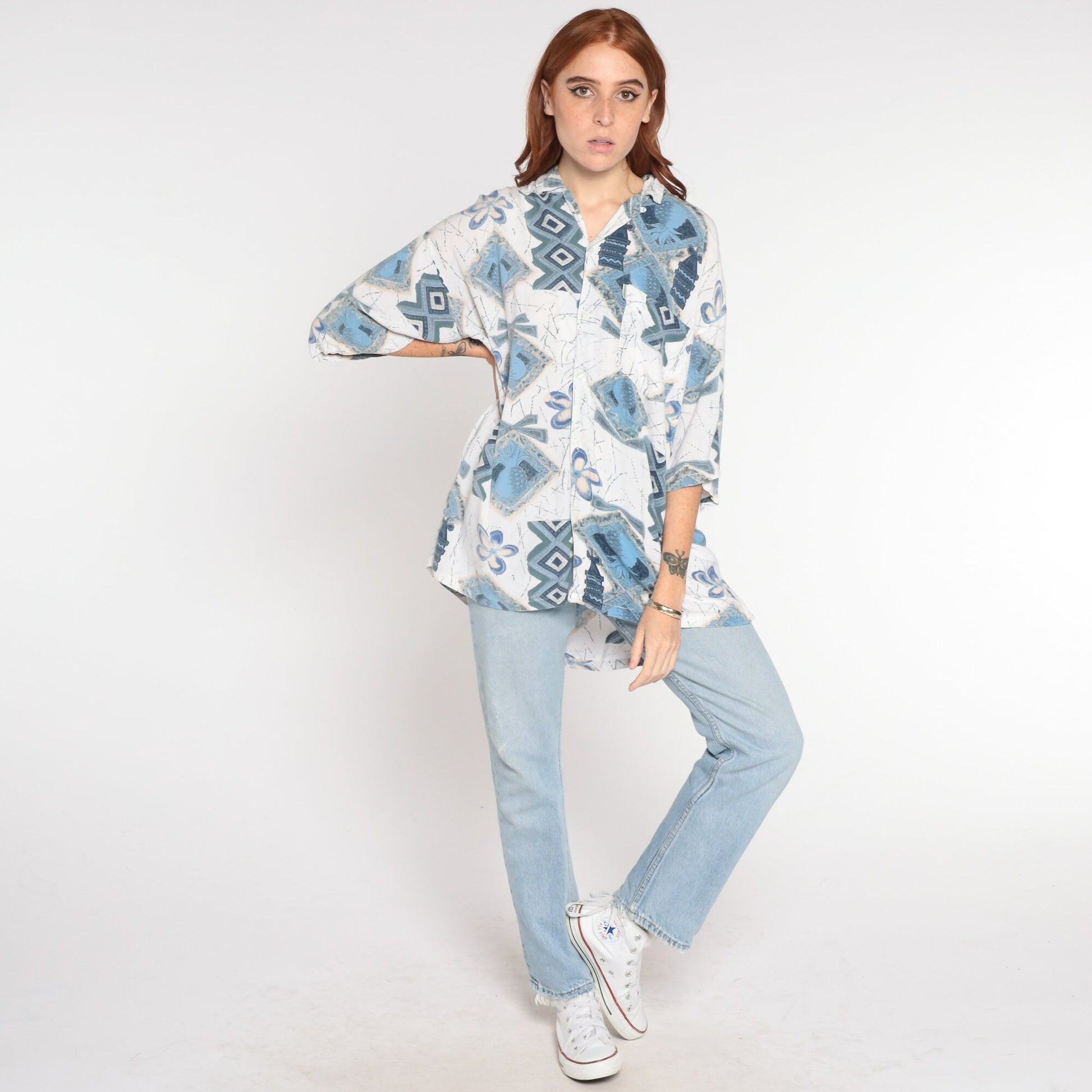 Y2K Tropical Pineapple Print Button Up Shirt White Blue Abstract Mens Large