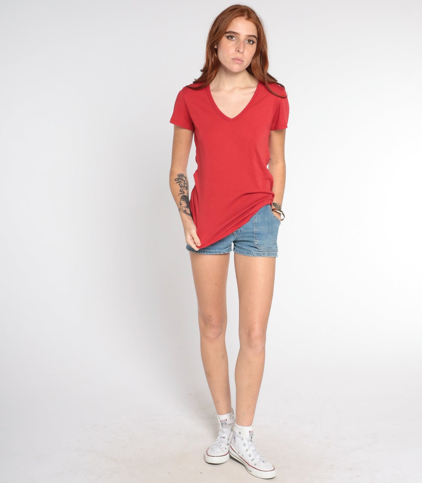 80s Red V-Neck T-Shirt Single Stitch Cotton Tee Medium M