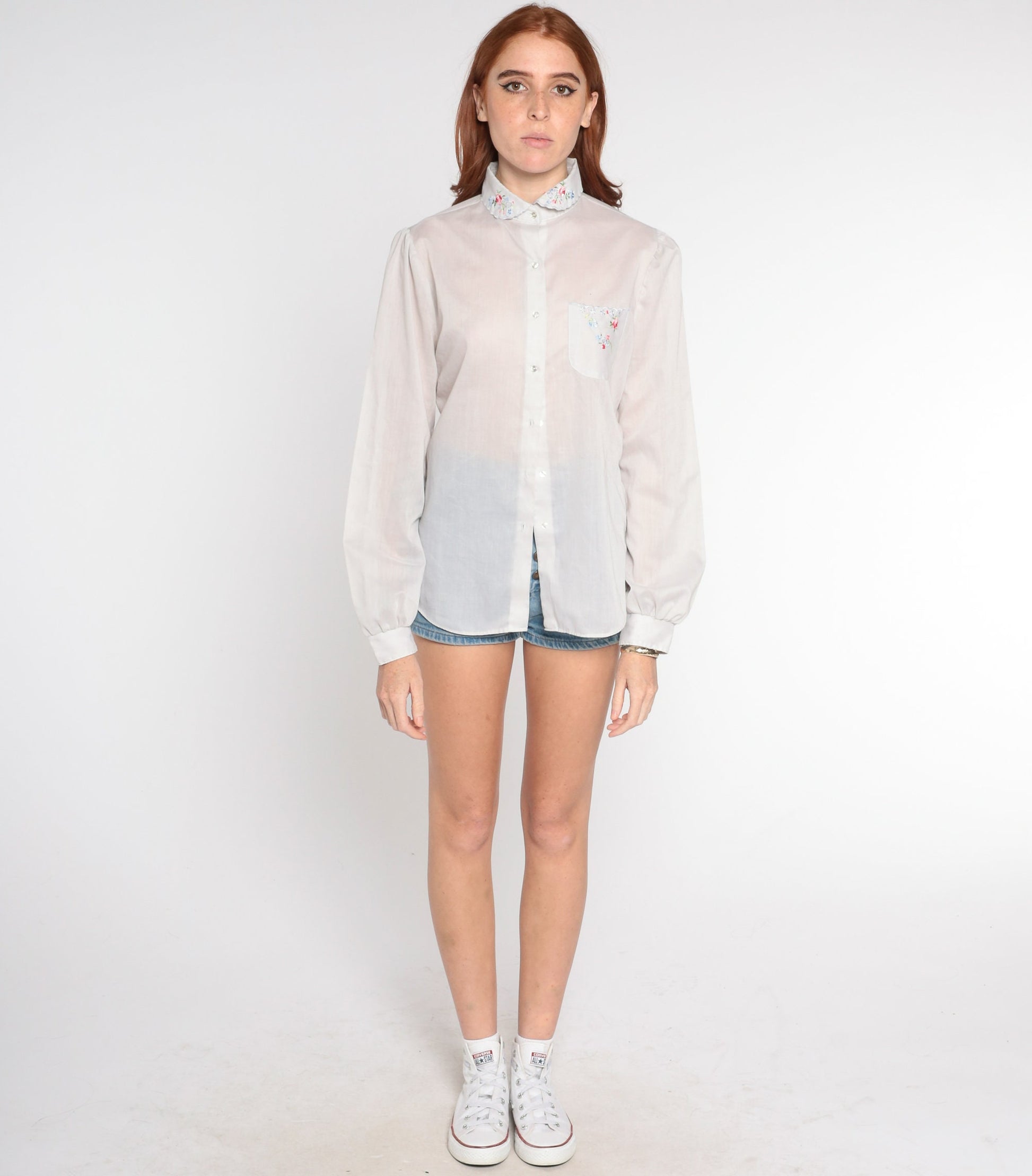80s White Sheer Blouse Floral Embroidered Puff Sleeve Peter Pan Collar Small