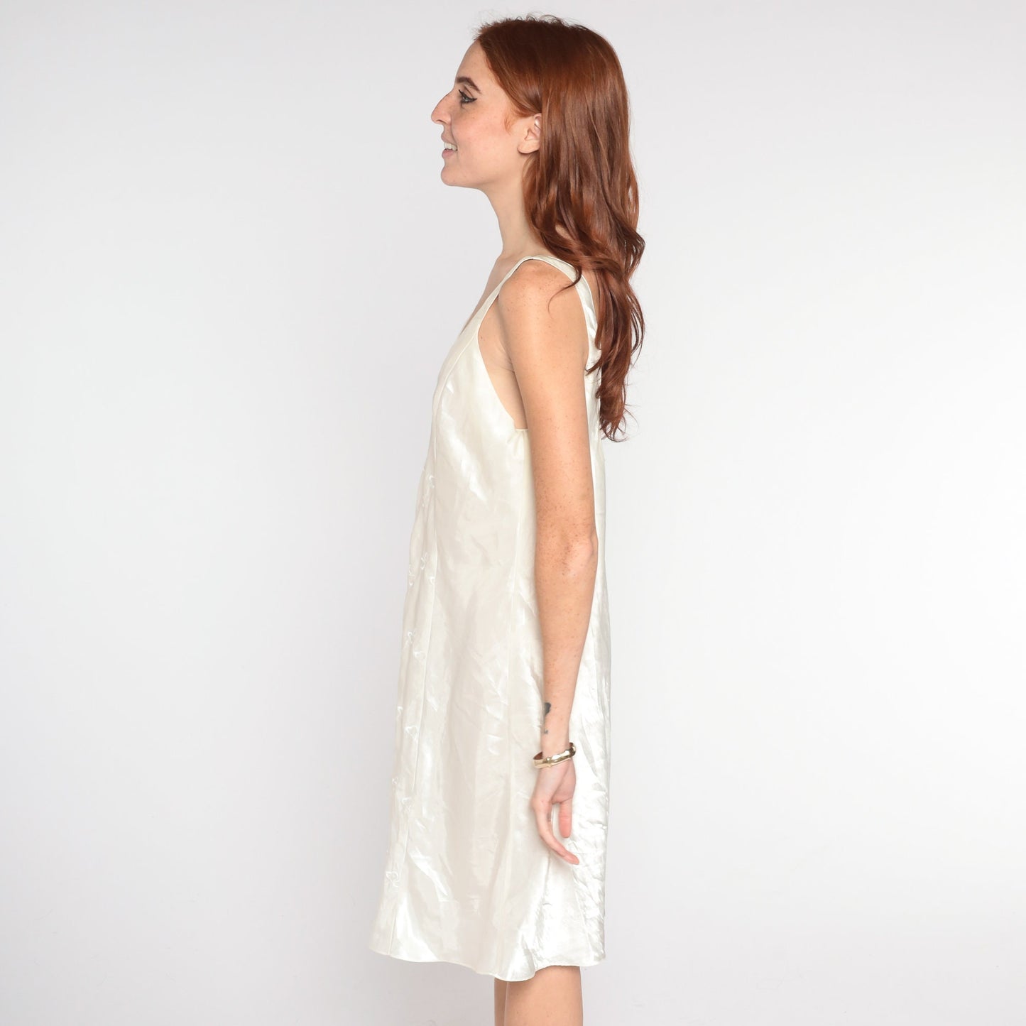90s Ivory Slip Dress Embroidered Hearts Low Back Sleeveless Mini Nightgown Medium