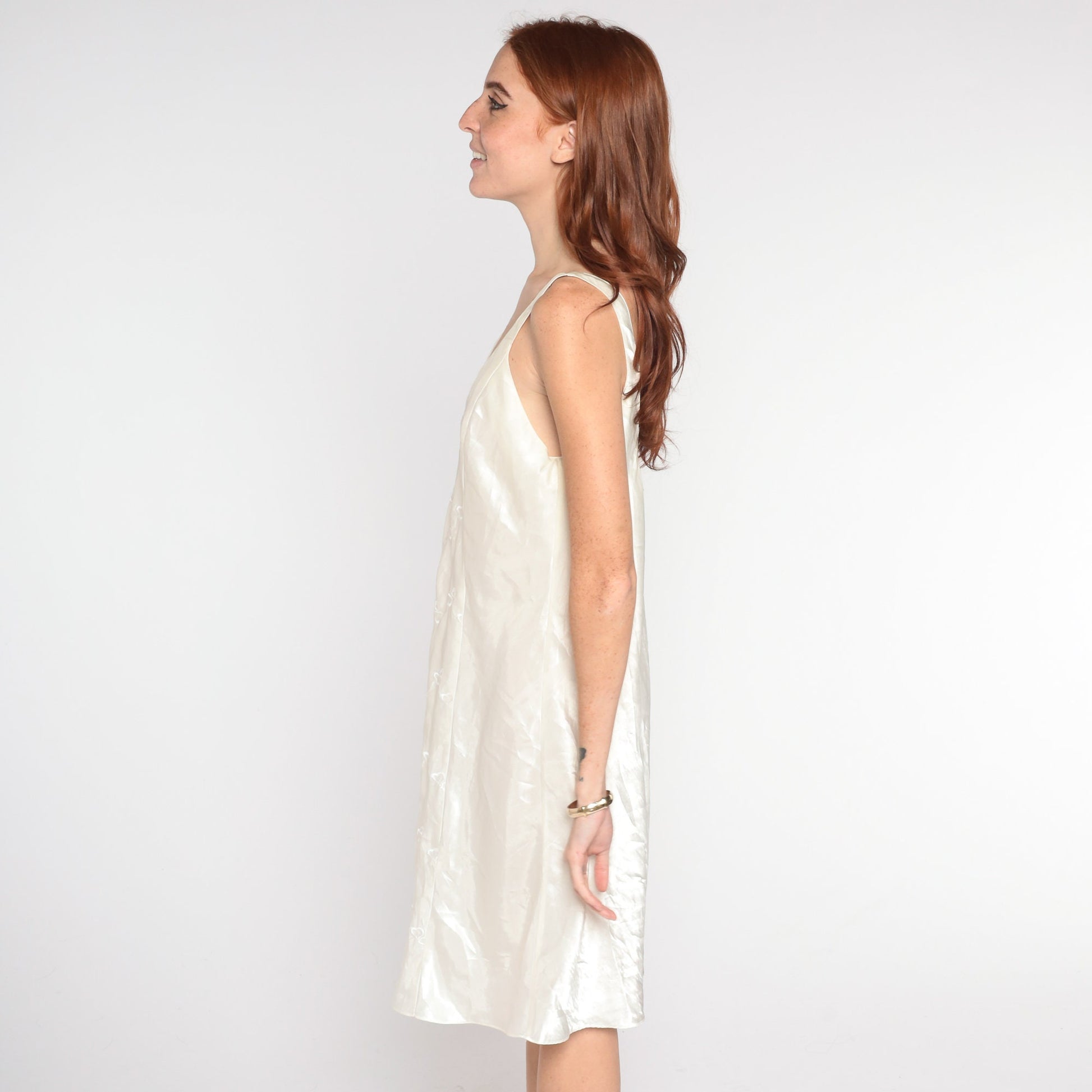 90s Ivory Slip Dress Embroidered Hearts Low Back Sleeveless Mini Nightgown Medium