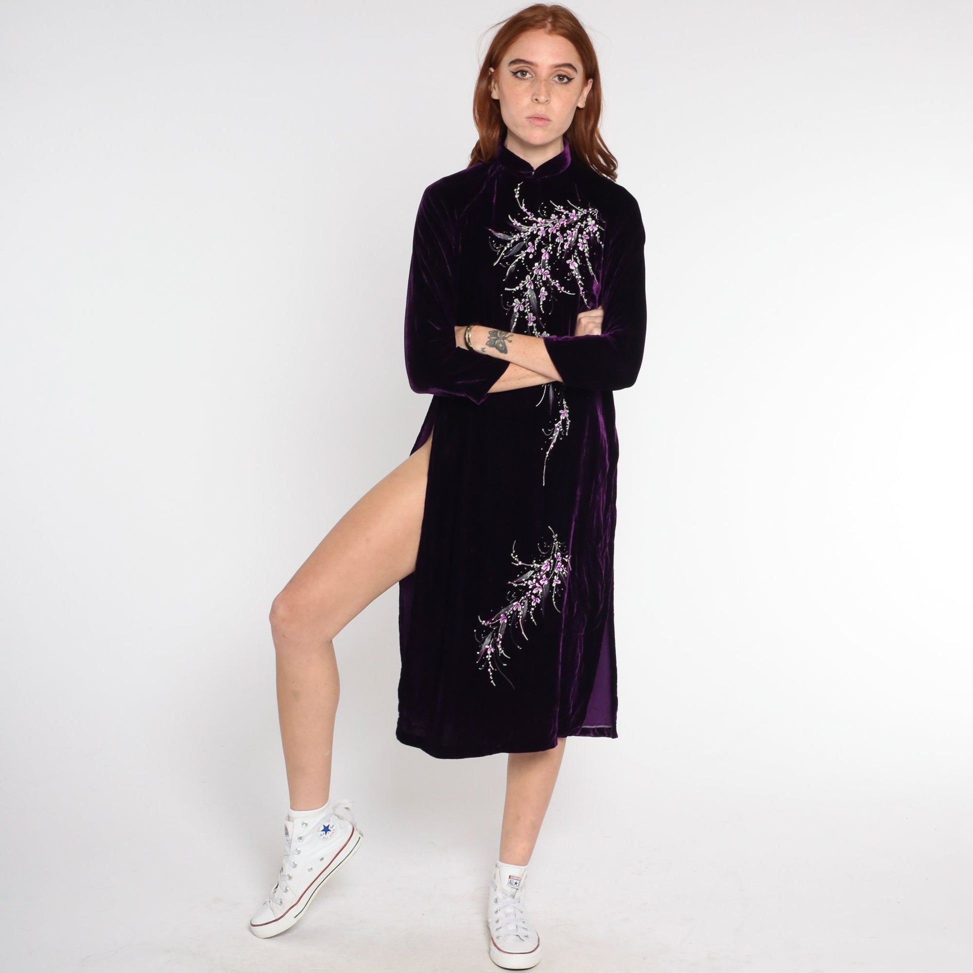 90s Dark Purple Velvet Ao Dai Midi Dress Cherry Blossom Print High Slit Extra Small