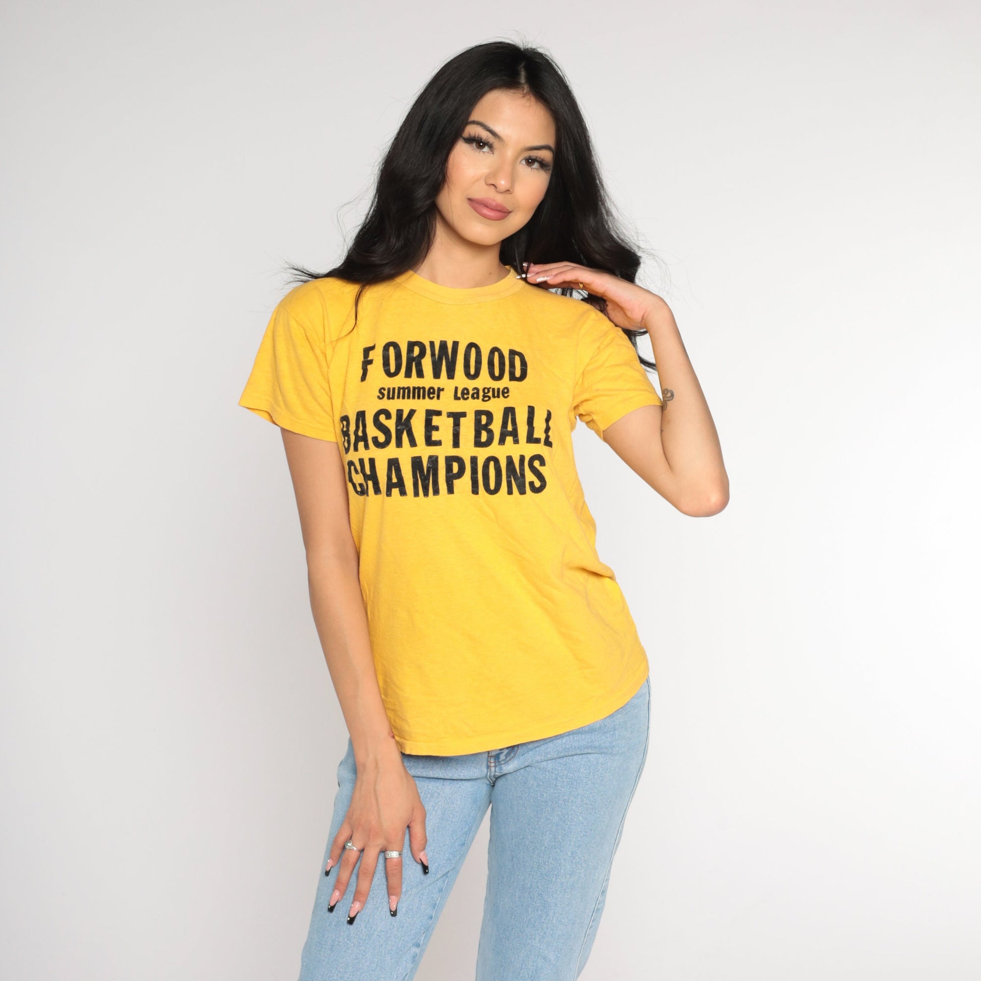 70s Forwood Elementary Basketball Champions T-Shirt Yellow Graphic Tee Medium