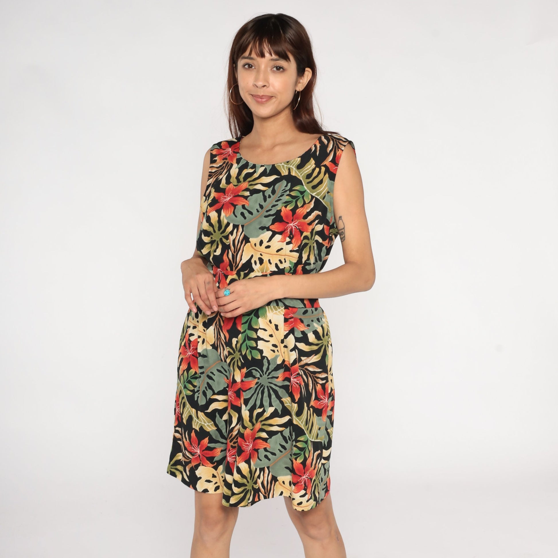 90s Black Tropical Floral Leaf Print Mini Dress Sleeveless Keyhole Back Large L