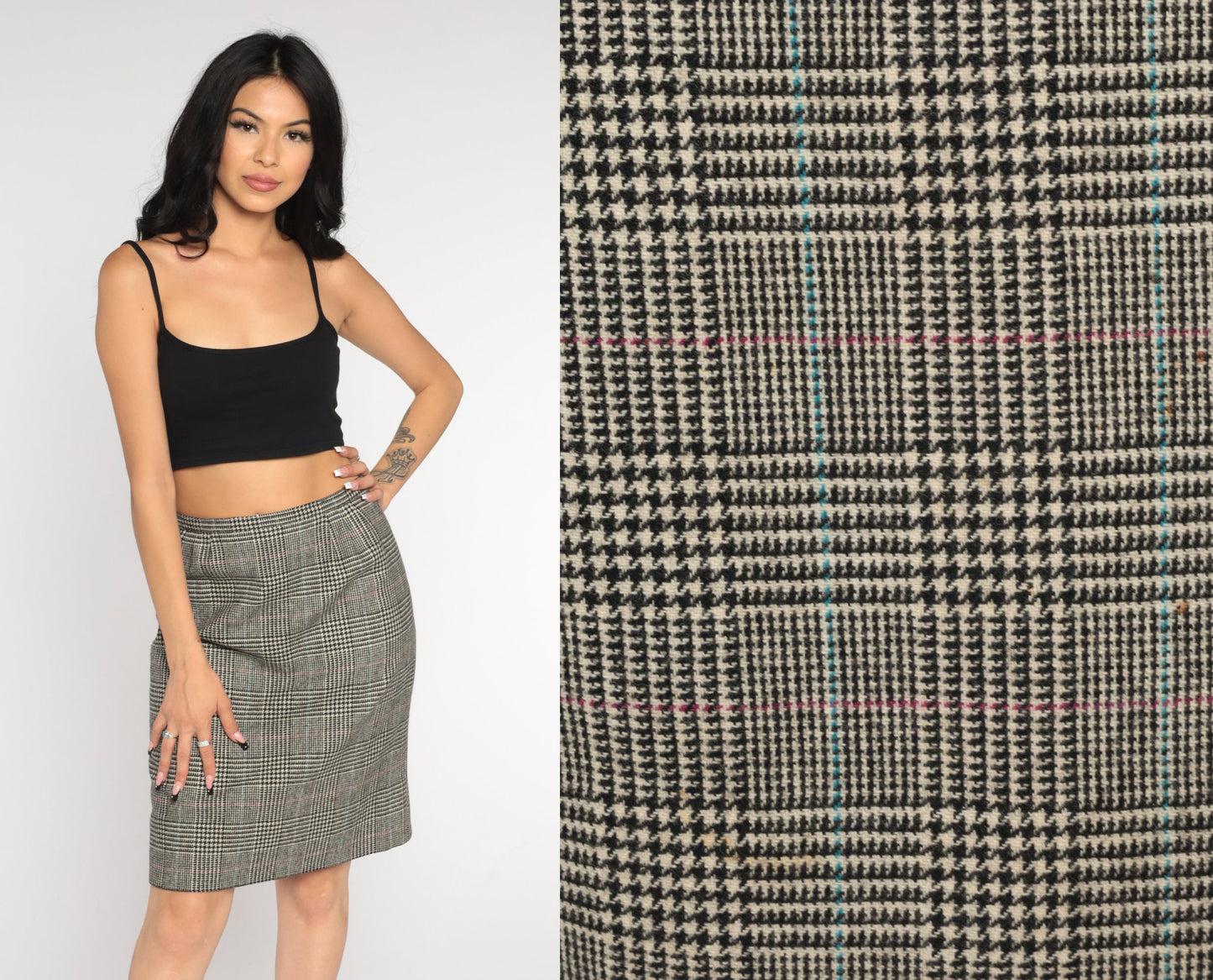 60s Houndstooth Wool Pencil Skirt High Waisted Mini Checkered Small