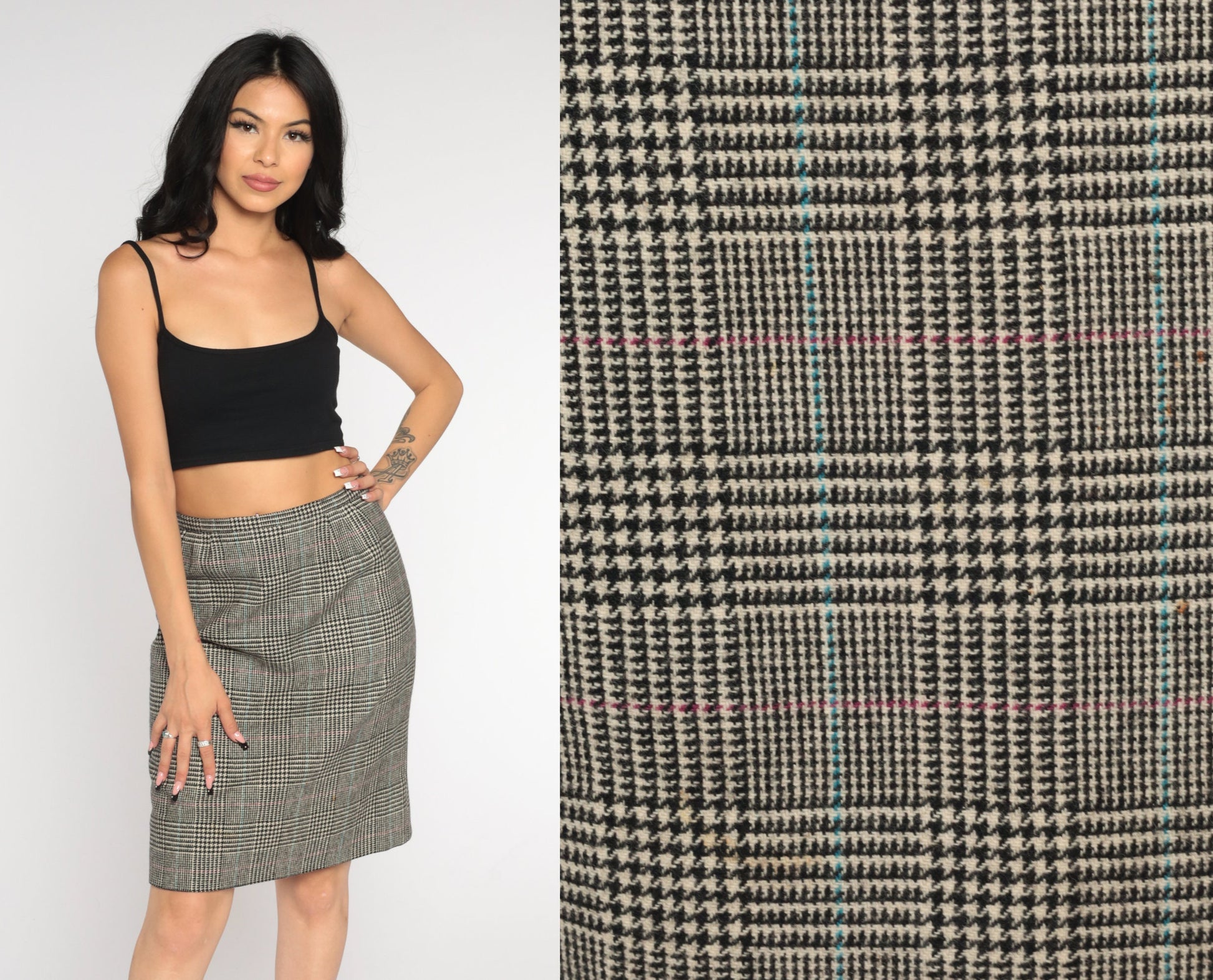 60s Houndstooth Wool Pencil Skirt High Waisted Mini Checkered Small