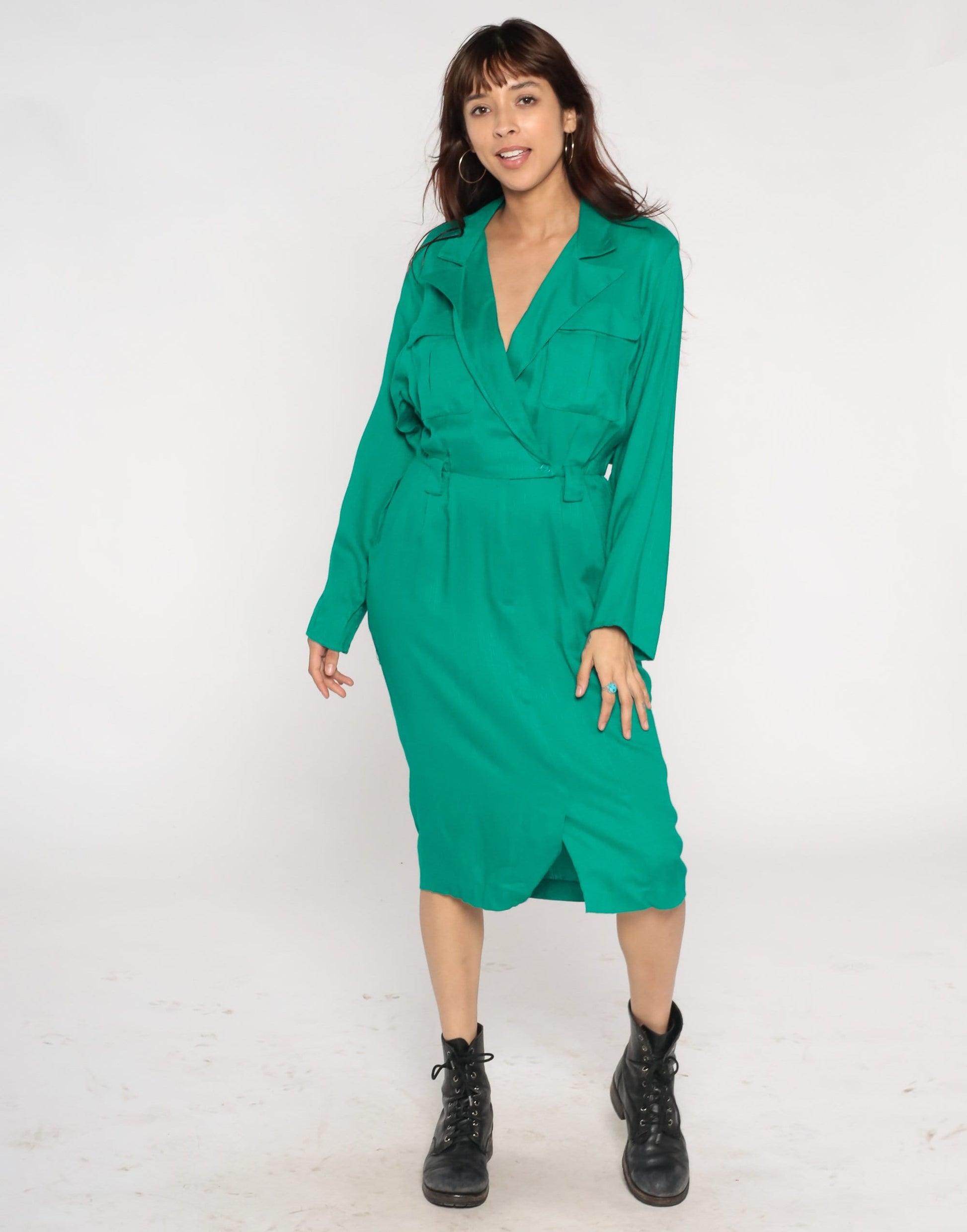 80s Green Midi Wrap Dress Button-Up Collar Pockets Long Sleeve Small