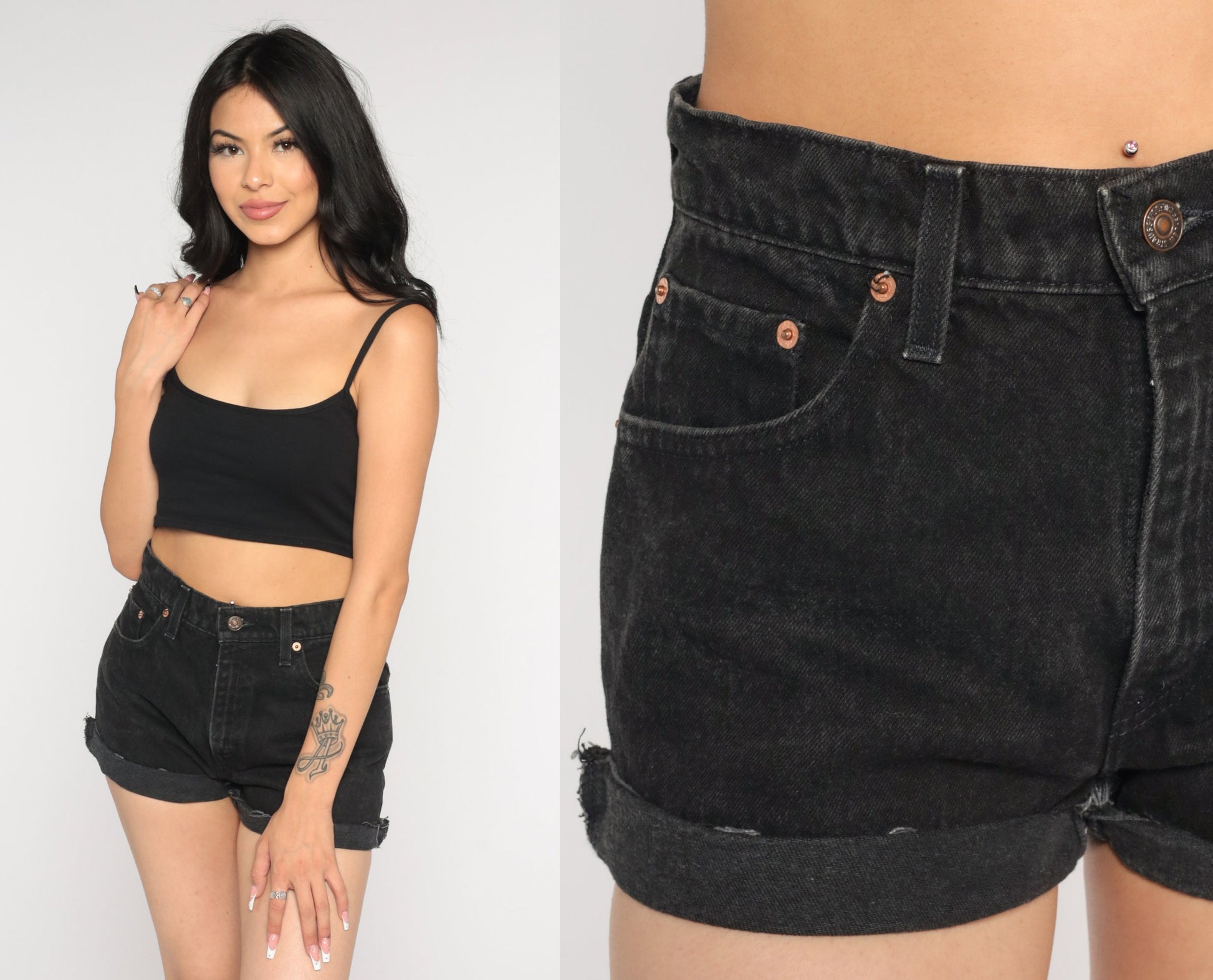 90s Levi's 550 Black Denim Shorts High Rise Raw Cuff Small