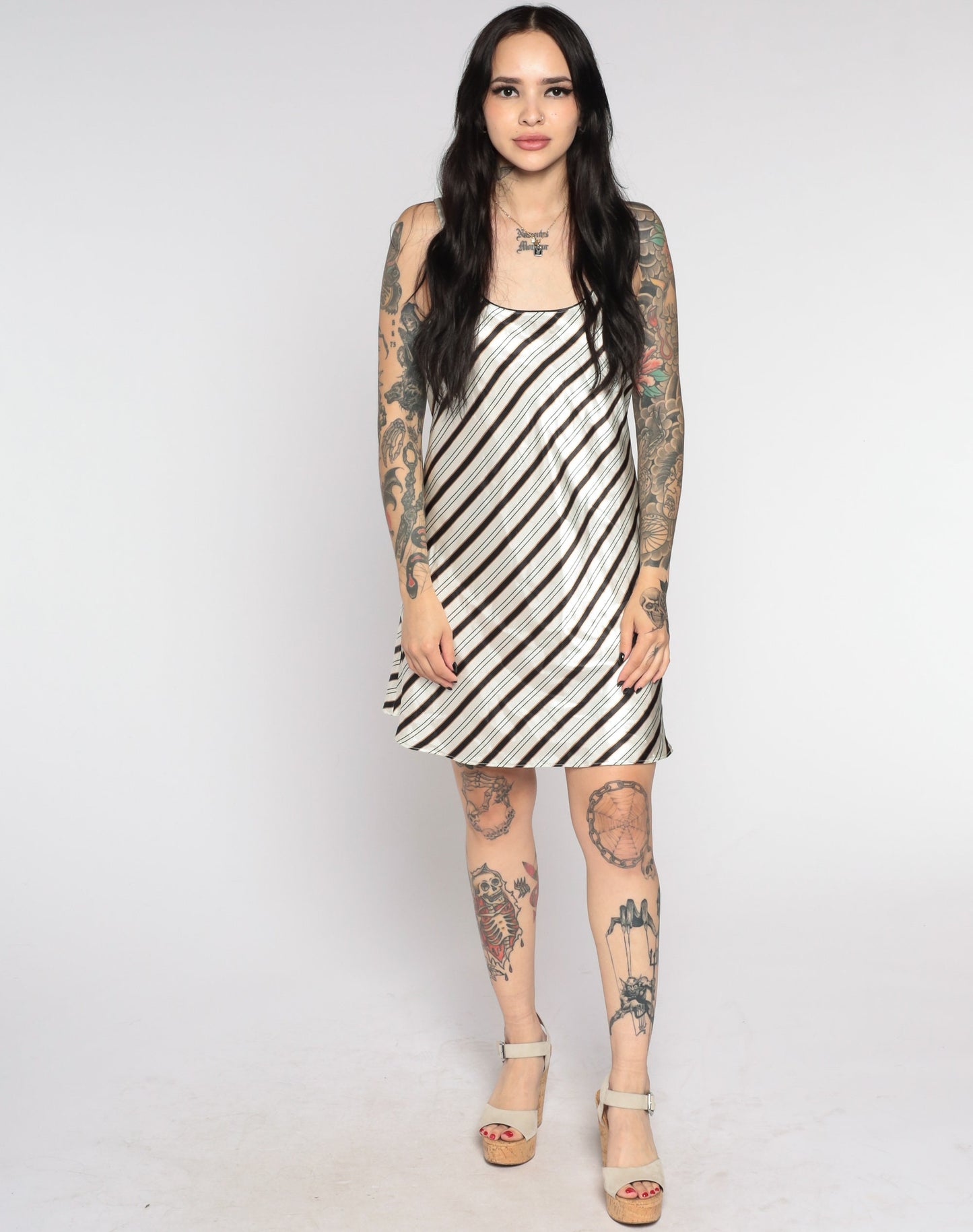 90s Striped Satin Slip Dress Grey Black Spaghetti Strap Chemise Medium