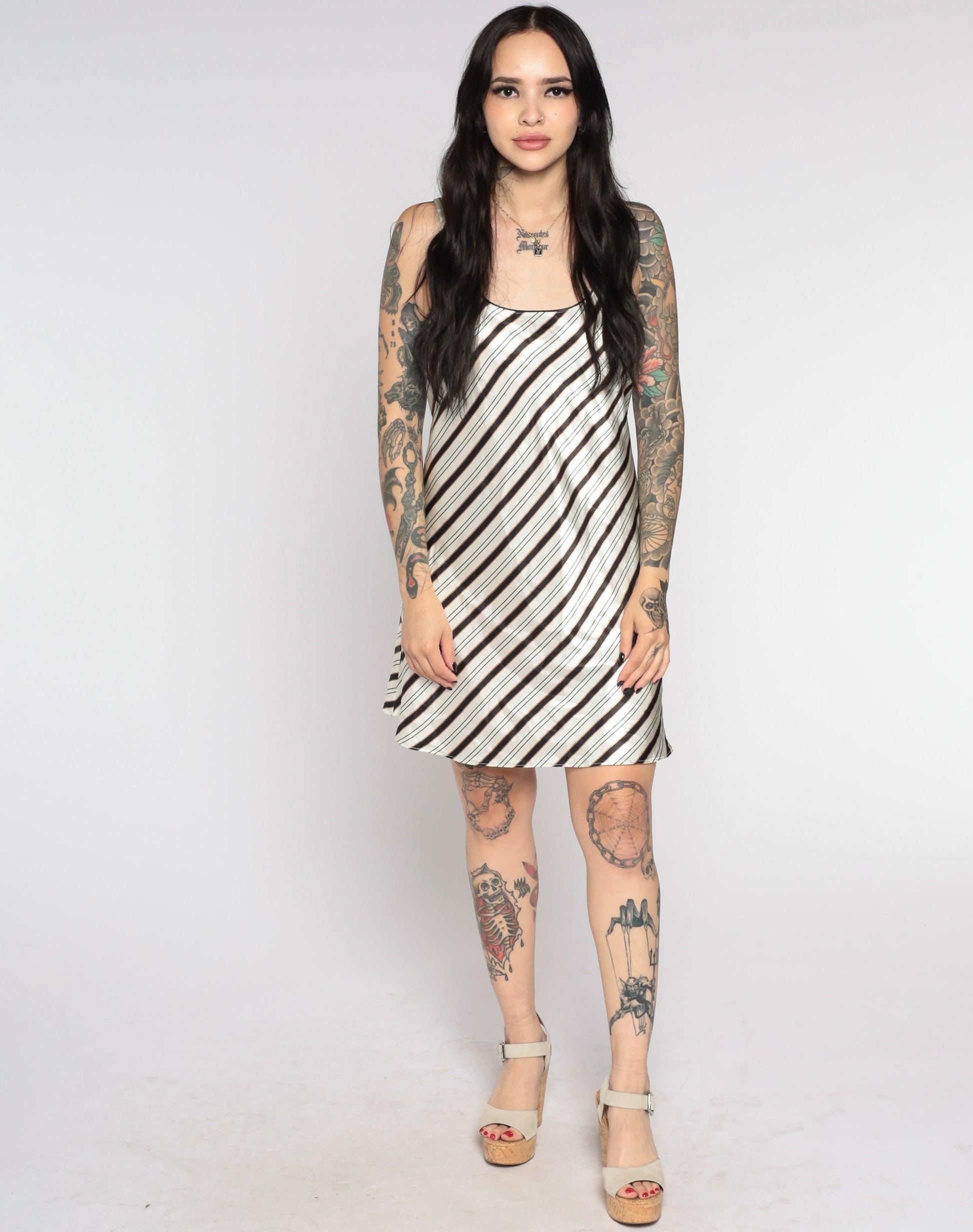 90s Striped Satin Slip Dress Grey Black Spaghetti Strap Chemise Medium