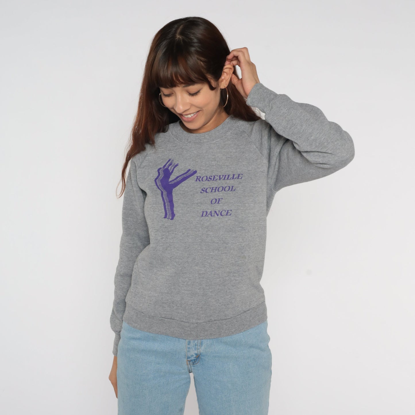 90s Roseville School of Dance Raglan Sweatshirt Grey Graphic Crewneck Small