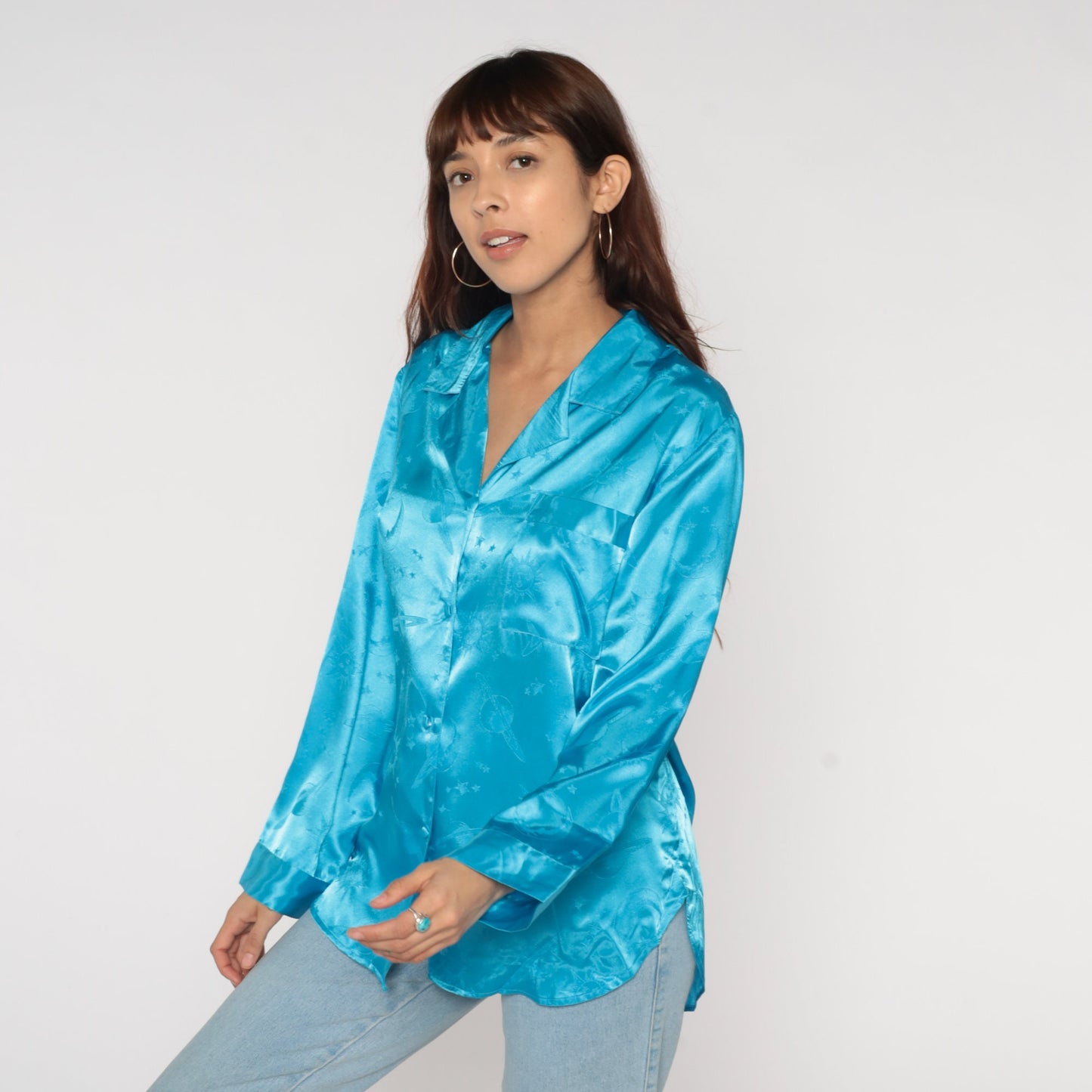 90s Celestial Pajama Top Bright Blue Satin Embossed Moon Stars Button Up Medium