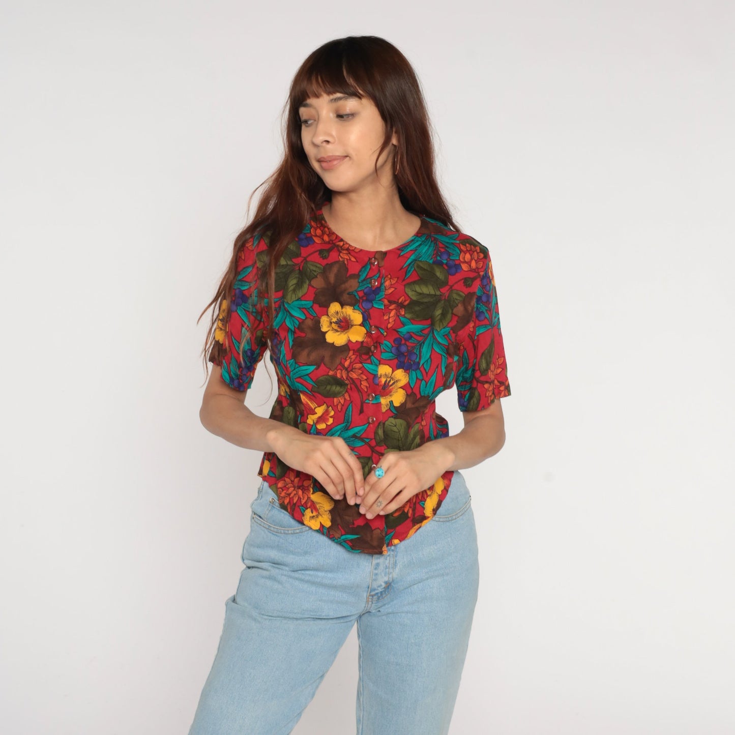 90s Red Floral Rayon Button-Up Blouse Short Sleeve Small