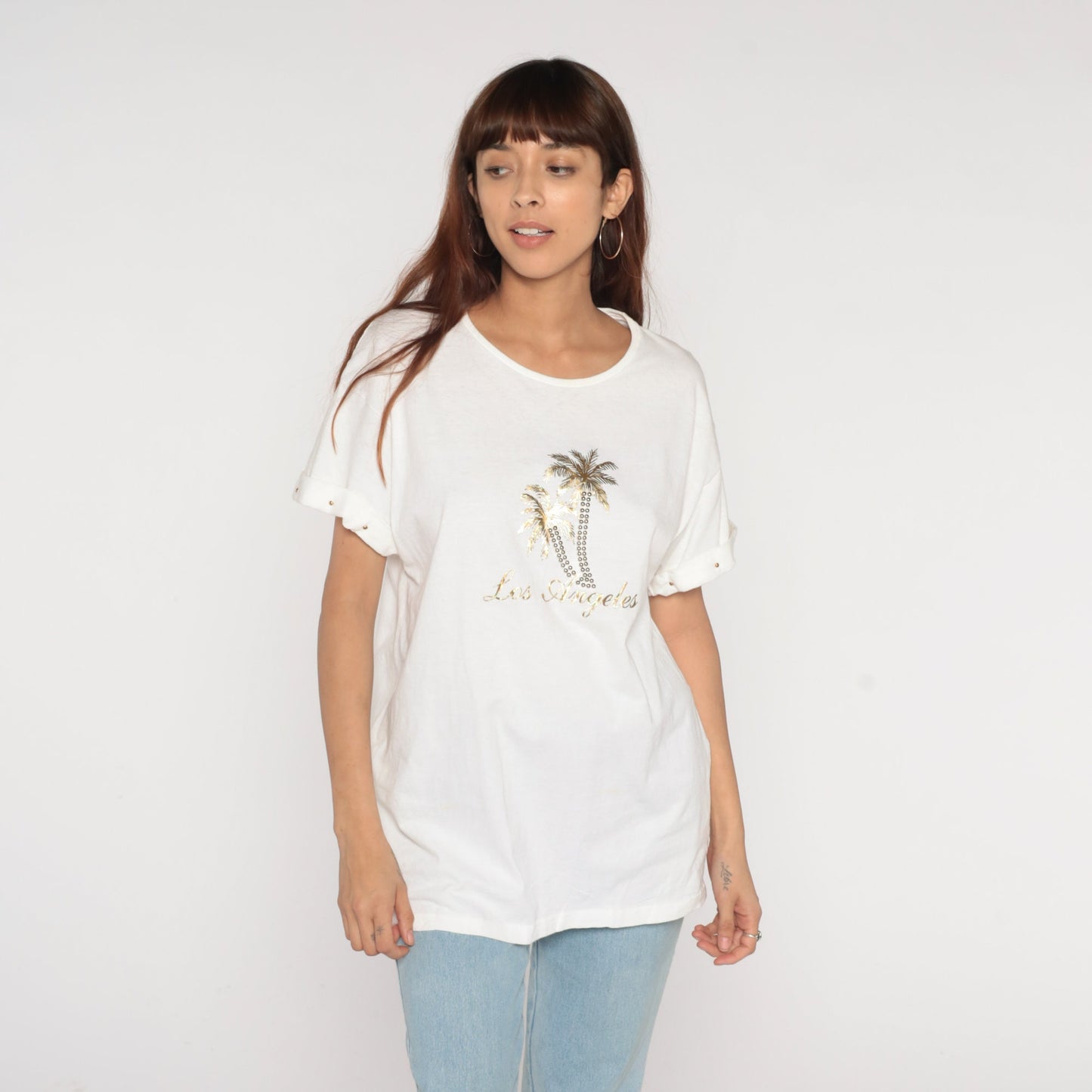 Y2K Los Angeles Palm Tree Graphic T-Shirt Gold Studded White Large L