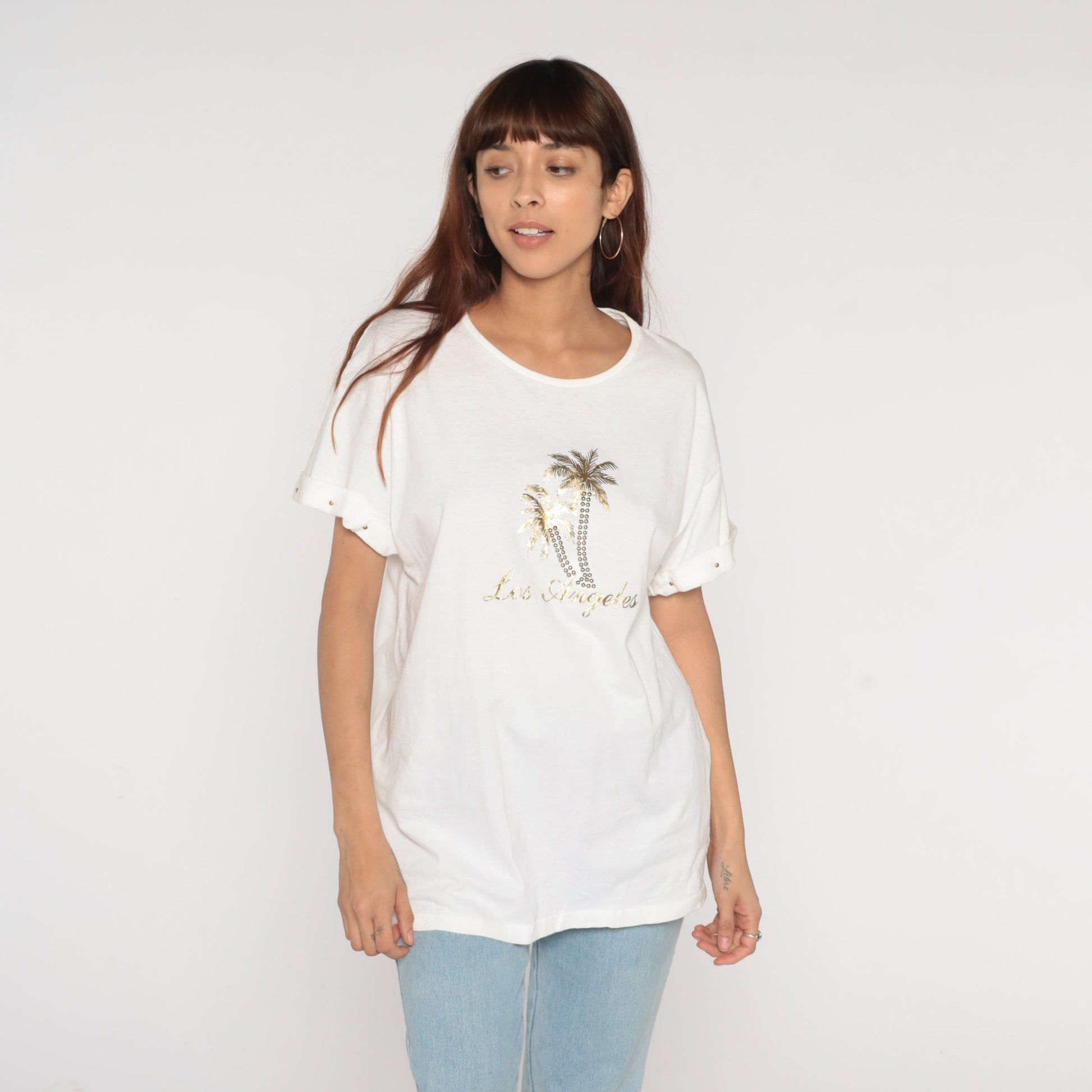 Y2K Los Angeles Palm Tree Graphic T-Shirt Gold Studded White Large L