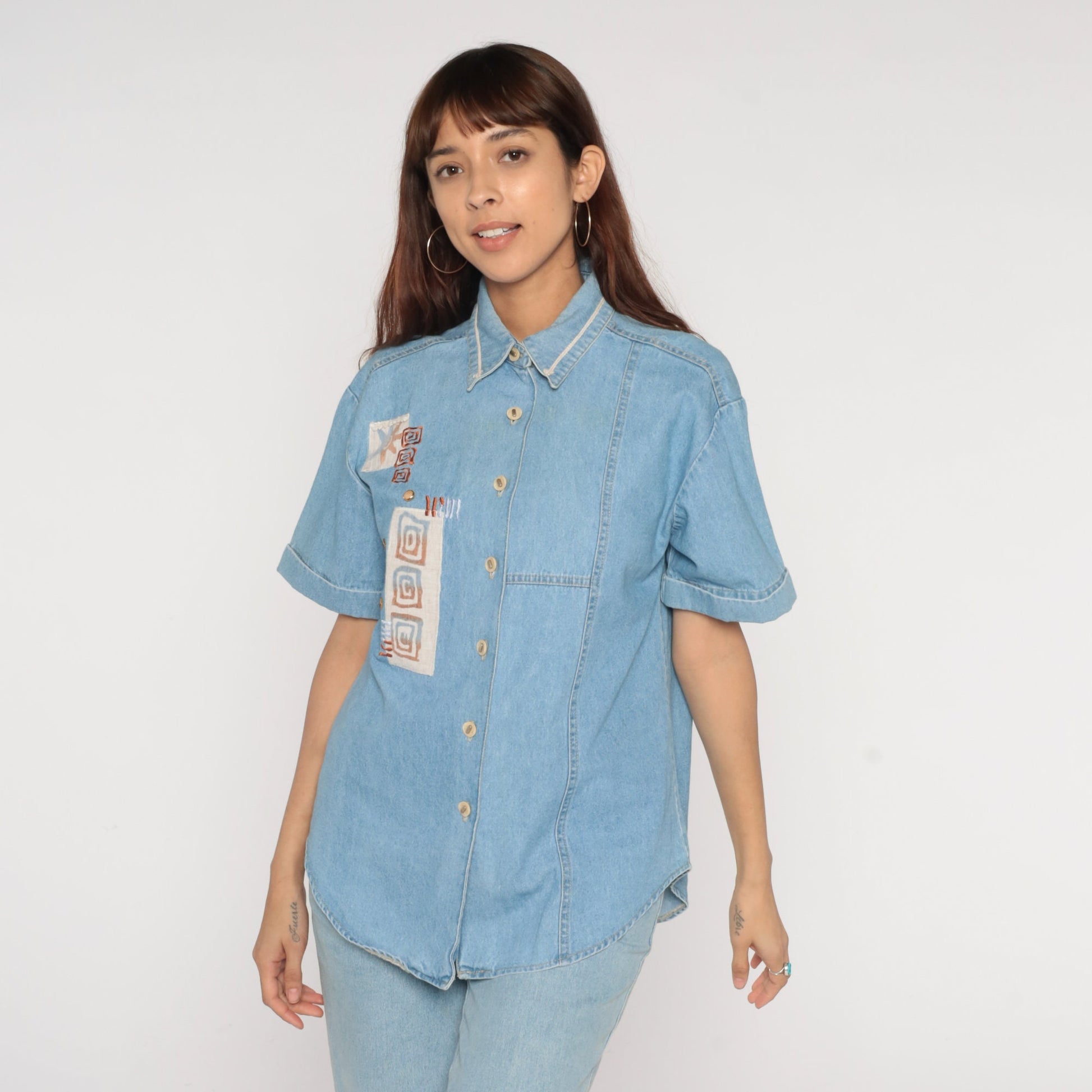 90s Blue Denim Shirt Studded Geometric Swirl Print Button-Up Medium