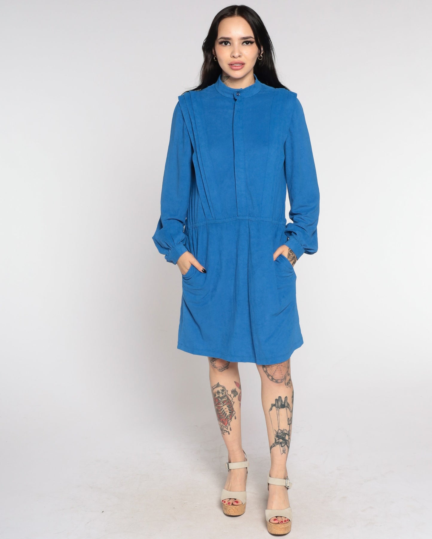 1970s Blue Faux Suede Mini Dress Long Sleeve Elastic Waist Medium Large