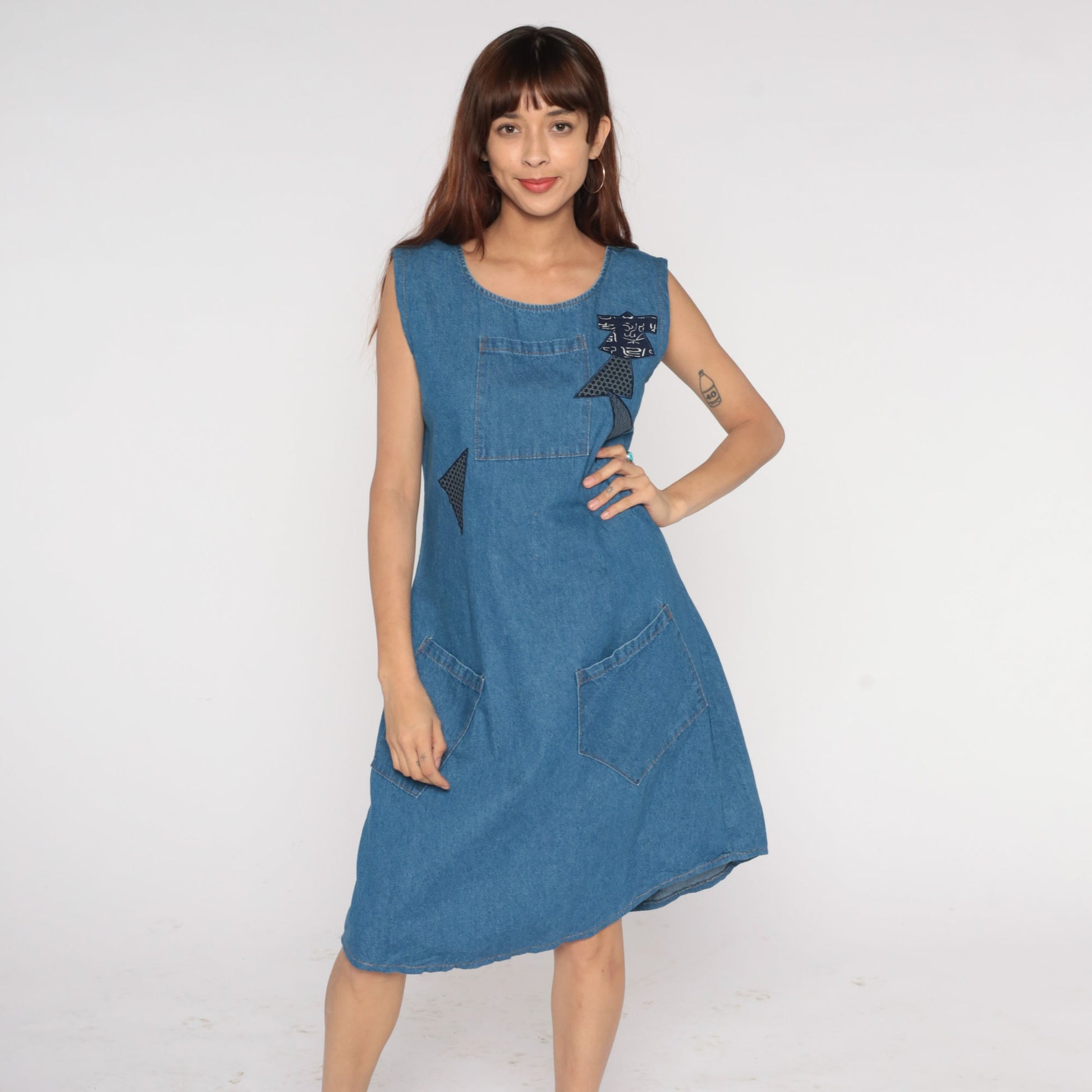 90s Blue Denim Midi Dress Asian Patch Sleeveless Flared Medium M
