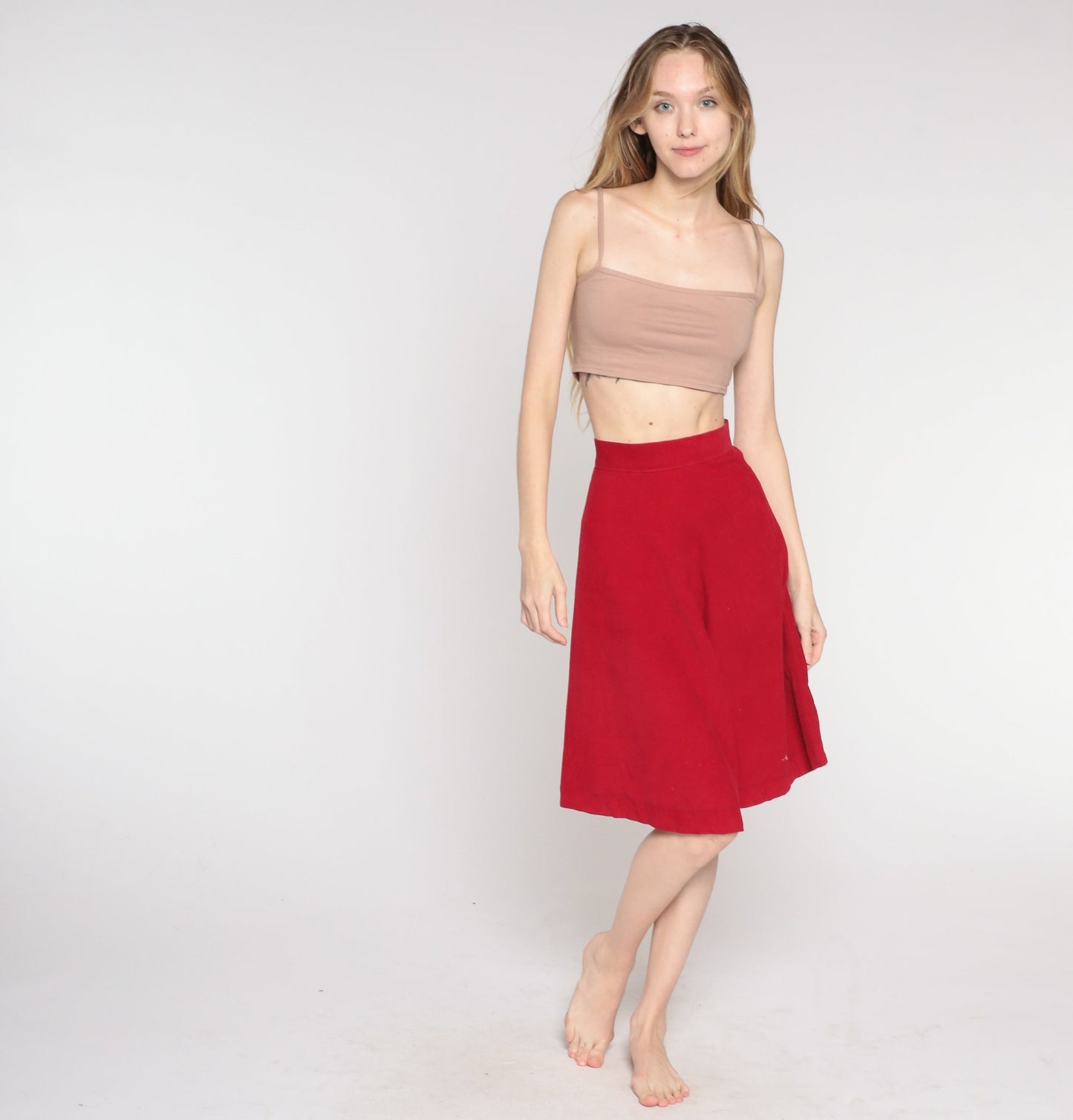 60s Red Corduroy Midi Skirt High Waisted Flared A-Line XXS