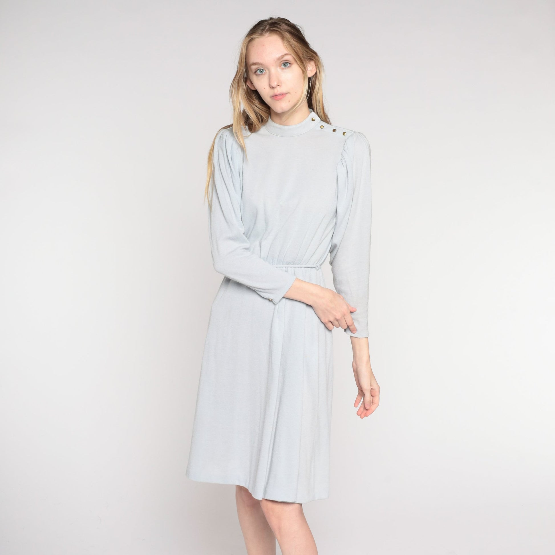 80s Byer Too Puff Sleeve Midi Dress Blue-Grey High Waist Small