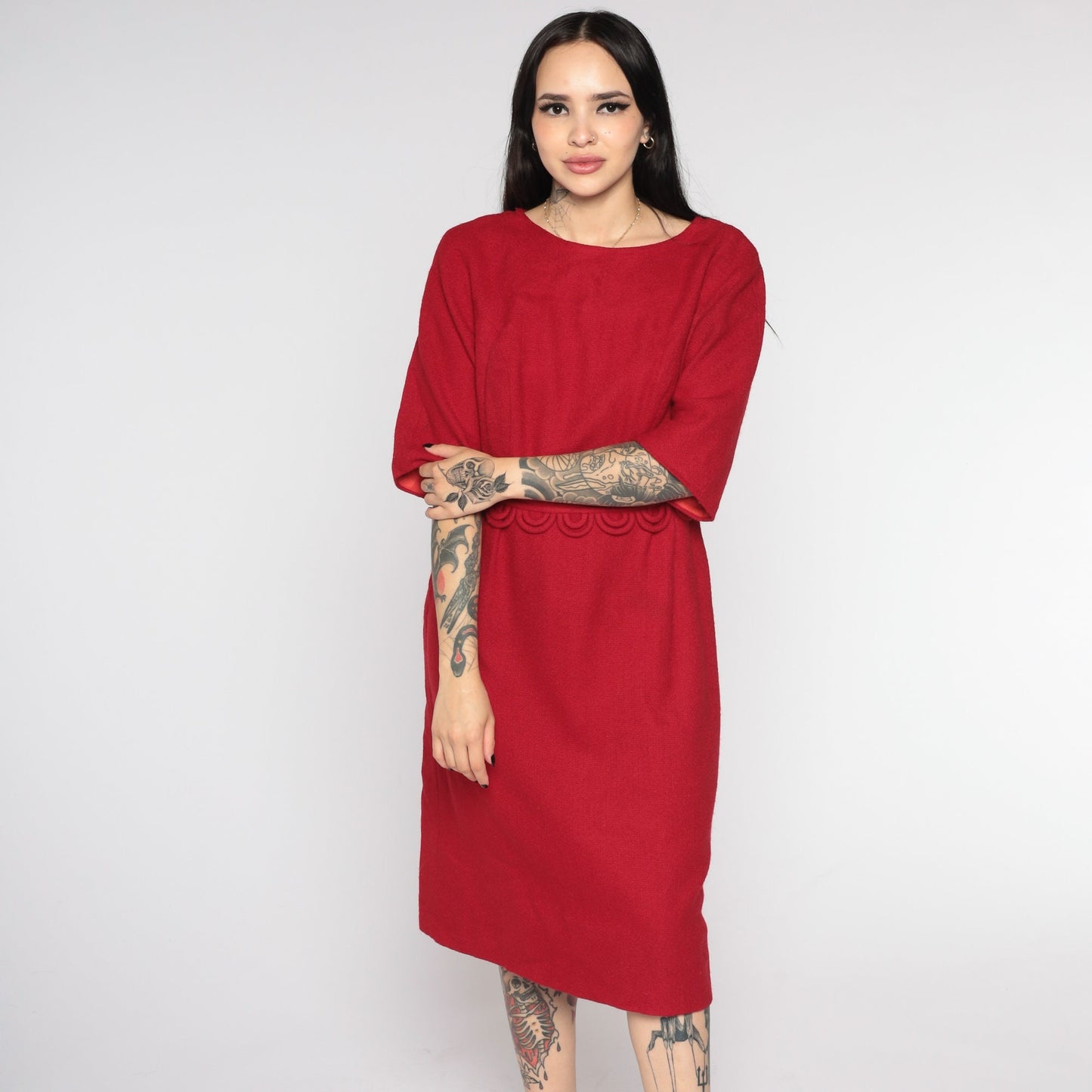60s Stacy Ames Red Wool Midi Dress Half Sleeve High Waist Medium