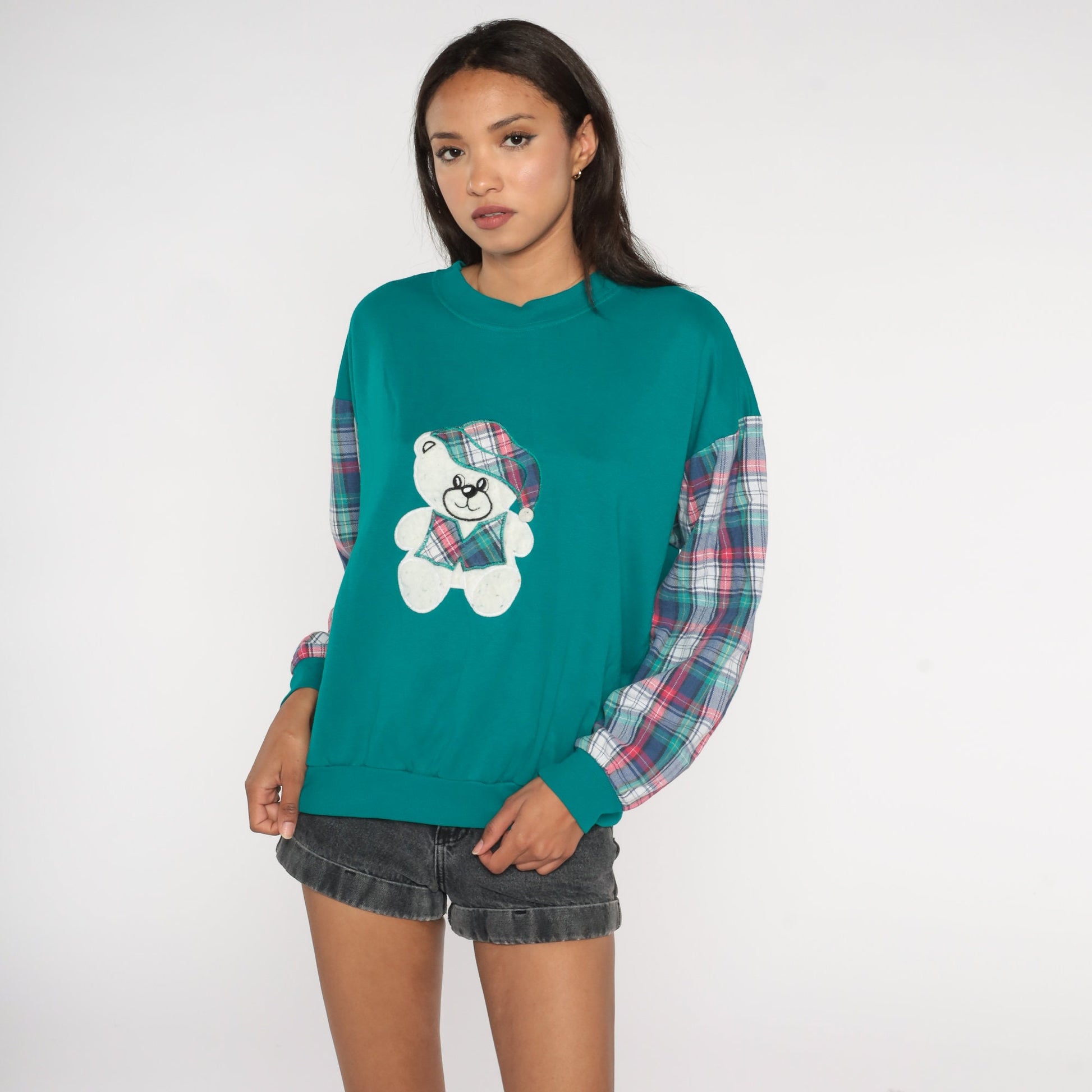 90s Teddy Bear Teal Plaid Sleeve Crewneck Sweatshirt Large L