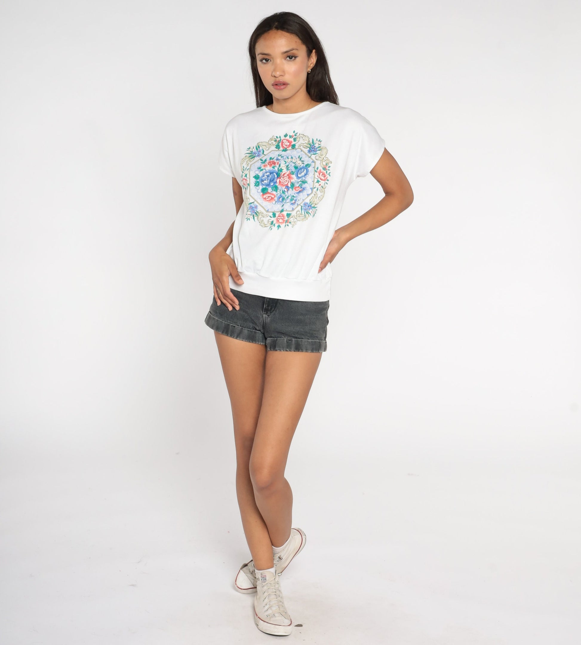 80s White Floral Print Short Sleeve Shirt Loose Fit Blouse Small S