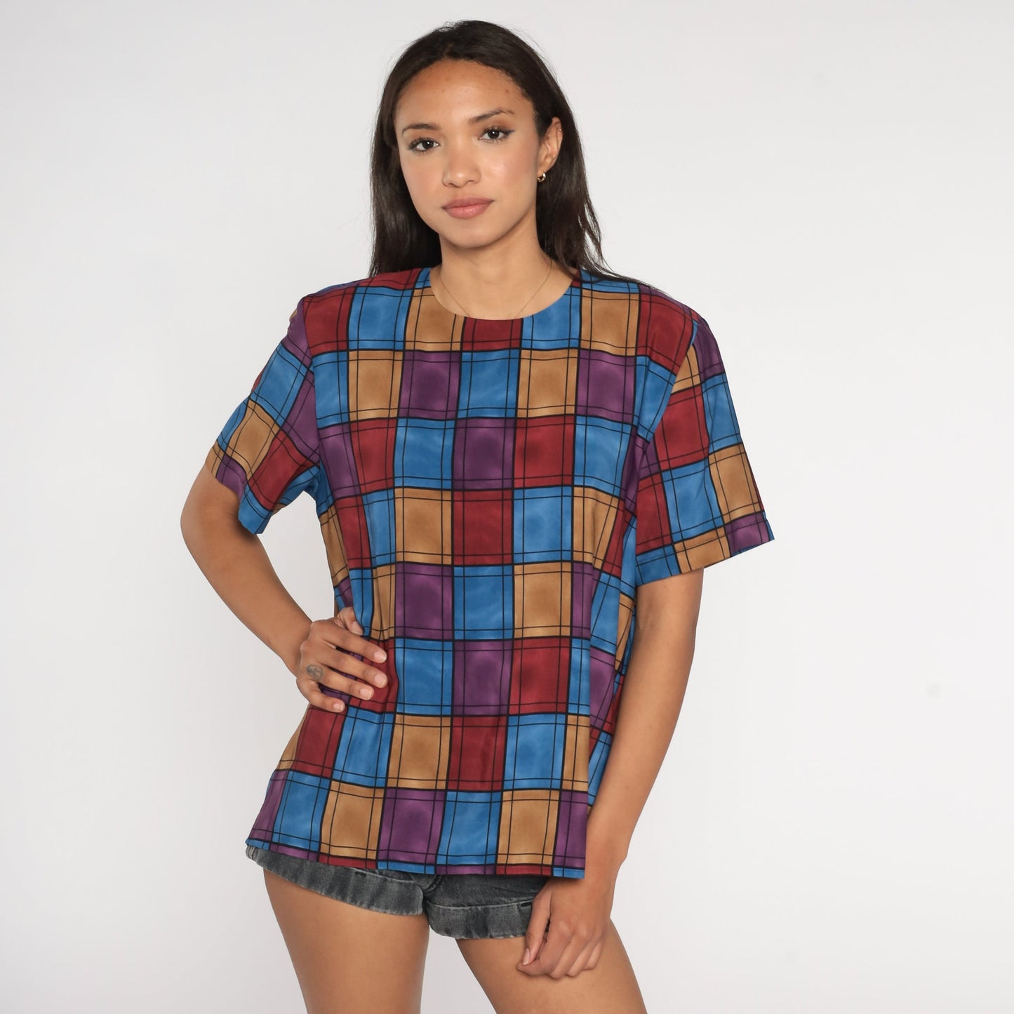 90s Checkerboard Blouse Purple Pink Blue Geometric Short Sleeve Medium M