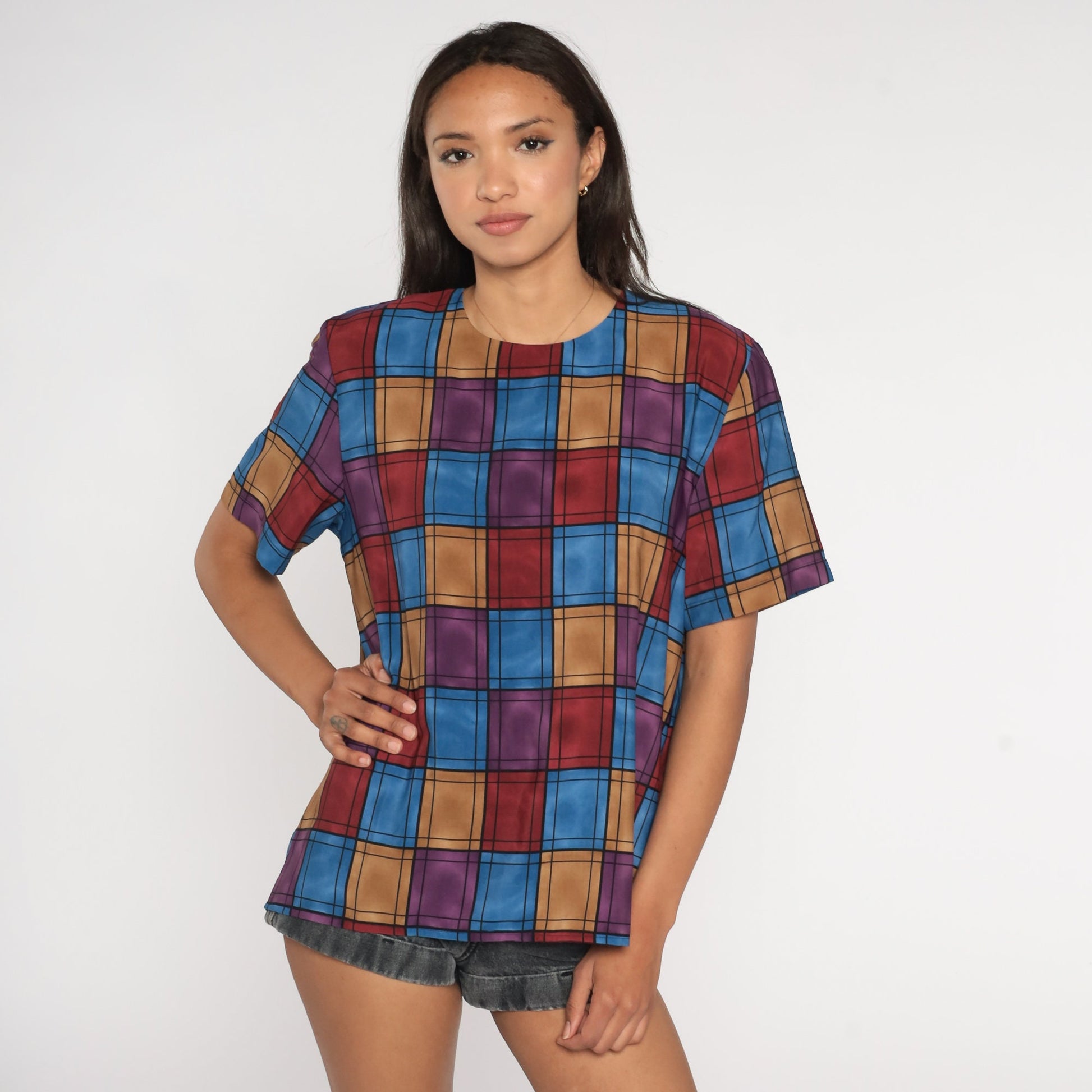 90s Checkerboard Blouse Purple Pink Blue Geometric Short Sleeve Medium M
