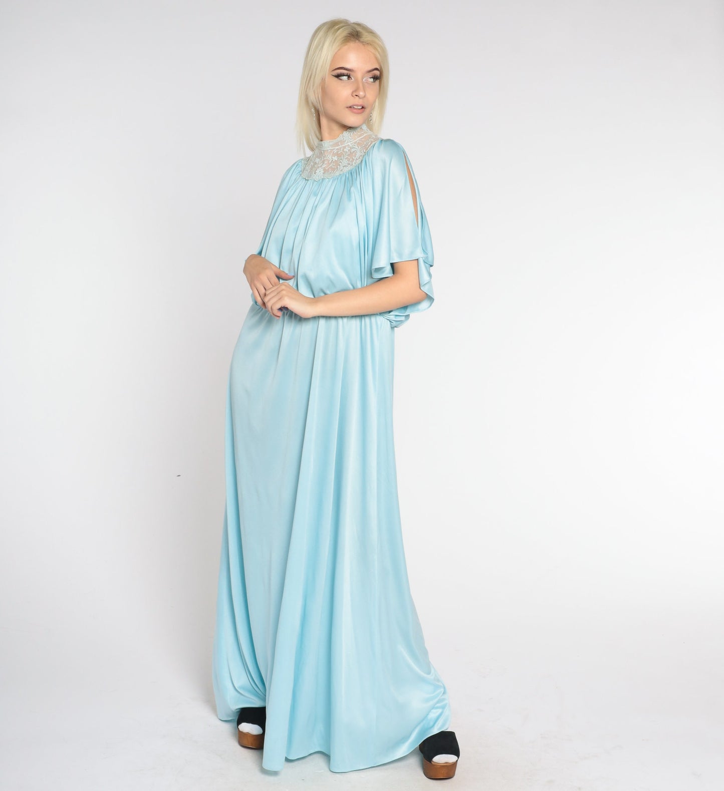 70s Blue Maxi Dress Grecian High Neck Embroidered Lace Split Sleeve Large