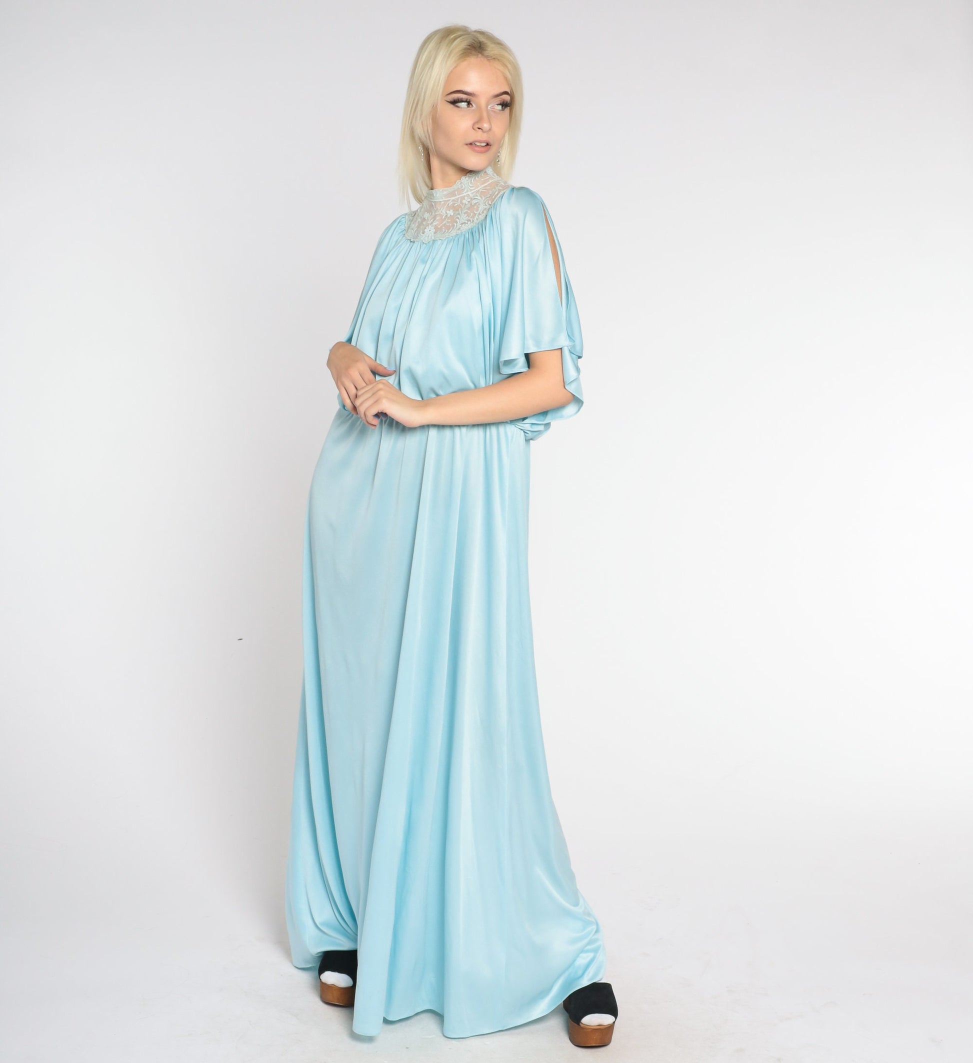70s Blue Maxi Dress Grecian High Neck Embroidered Lace Split Sleeve Large
