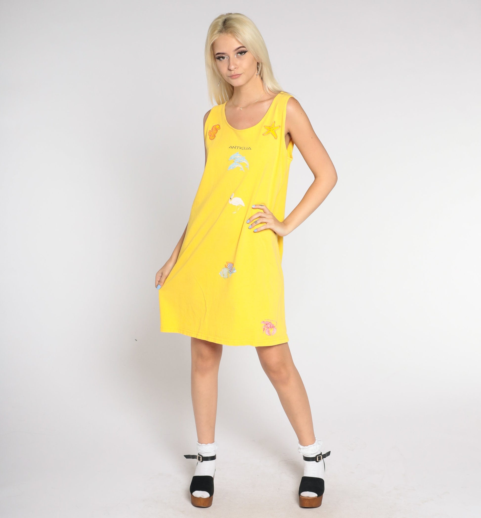 90s Antigua Yellow Mini Tank Dress Embroidered Sea Creatures Medium