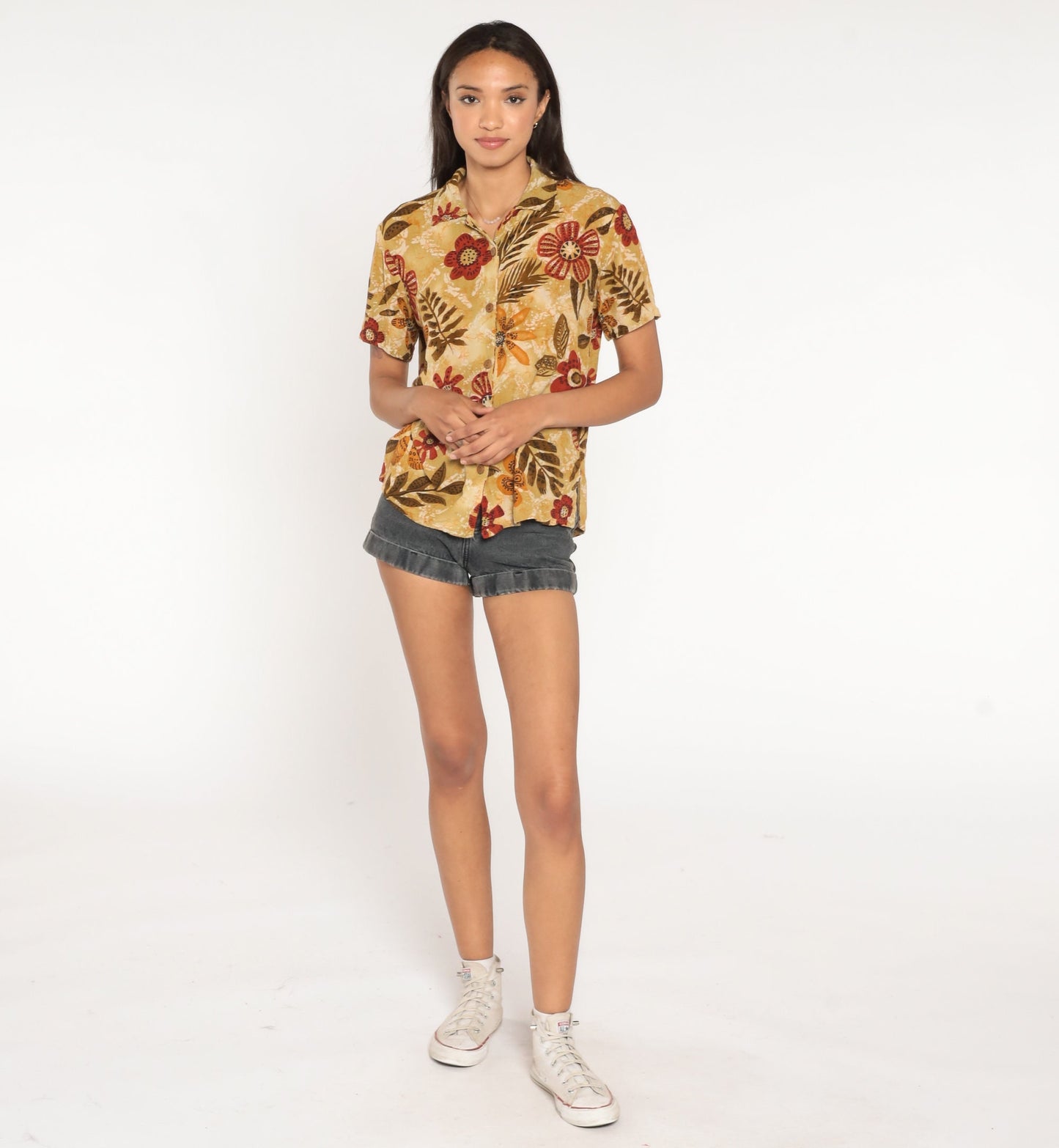 90s Floral Brown Rayon Blouse Short Sleeve Button Up Tropical Print Medium