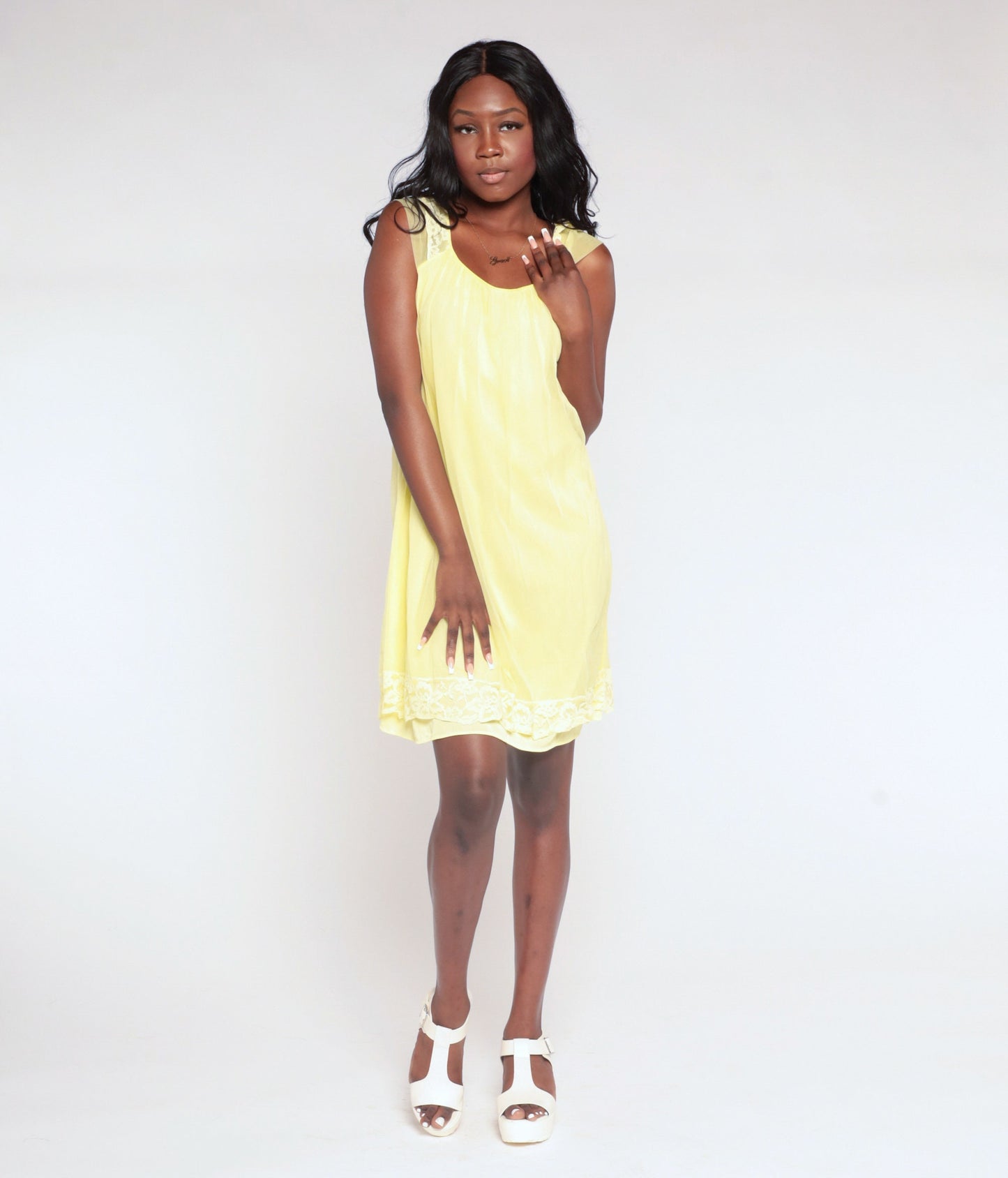 70s Yellow Nylon Nightgown Lace Cap Sleeve Mini Tent Cut Medium
