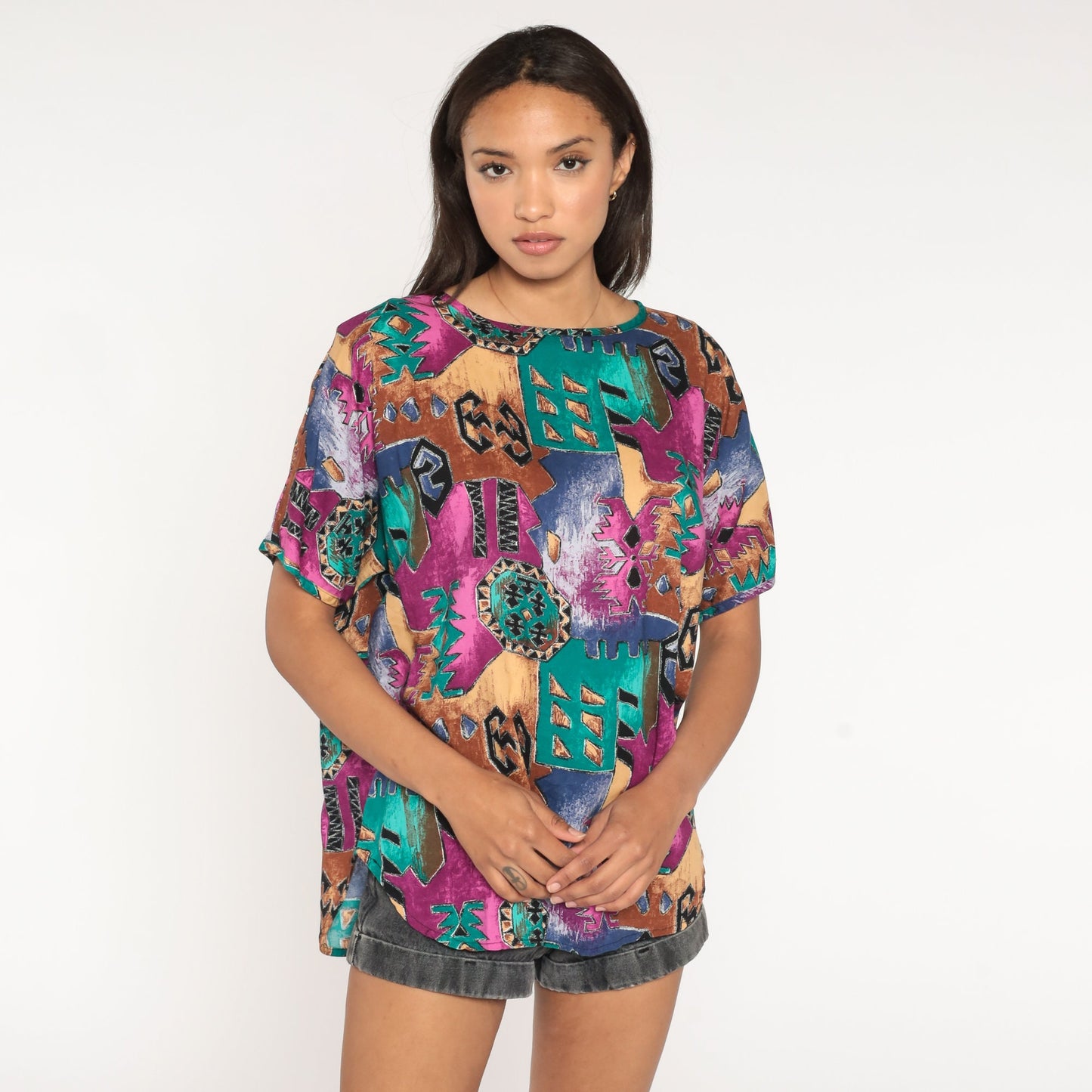 90s Geometric Southwest Blouse Short Sleeve Jewel Tone Rayon Large L