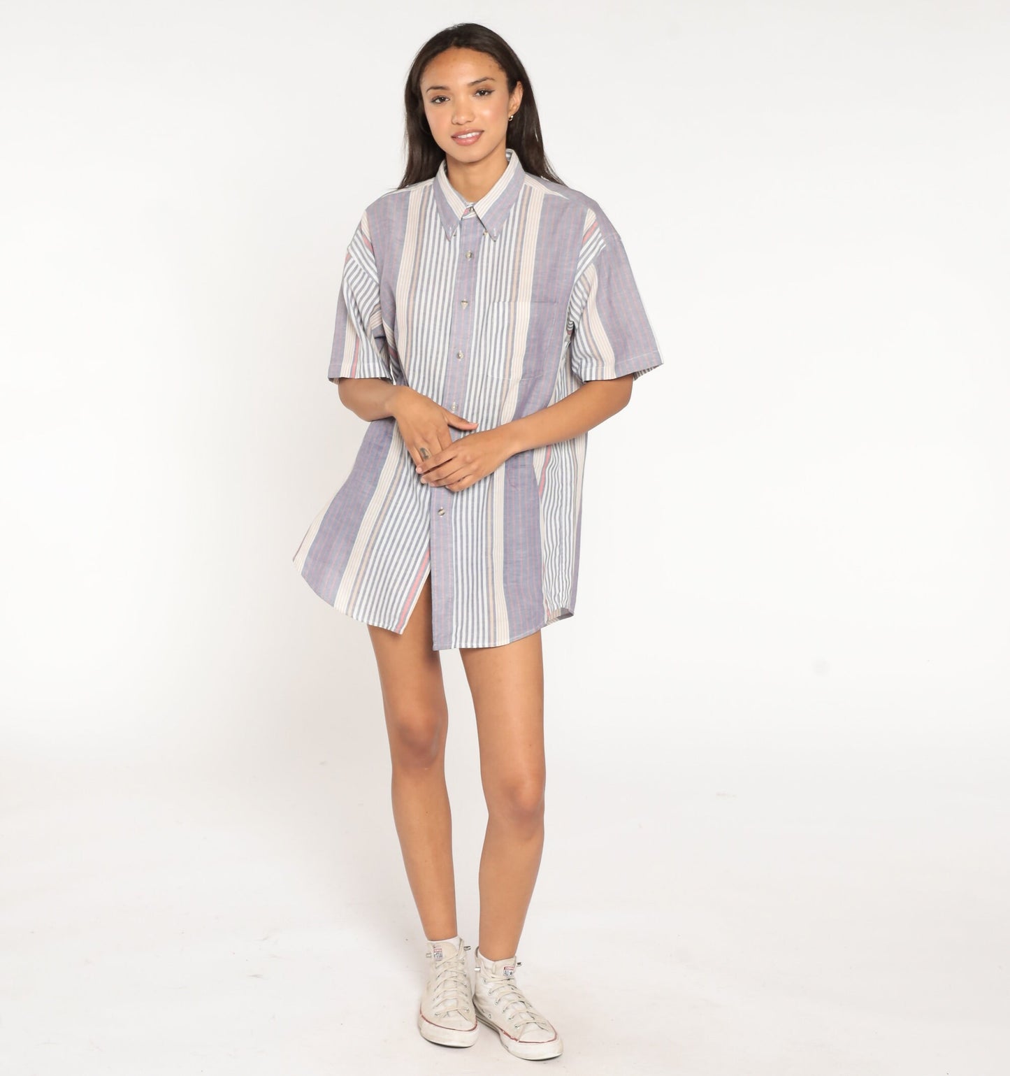 90s Blue White Striped Cotton Button-Up Shirt Chest Pocket Men's Large