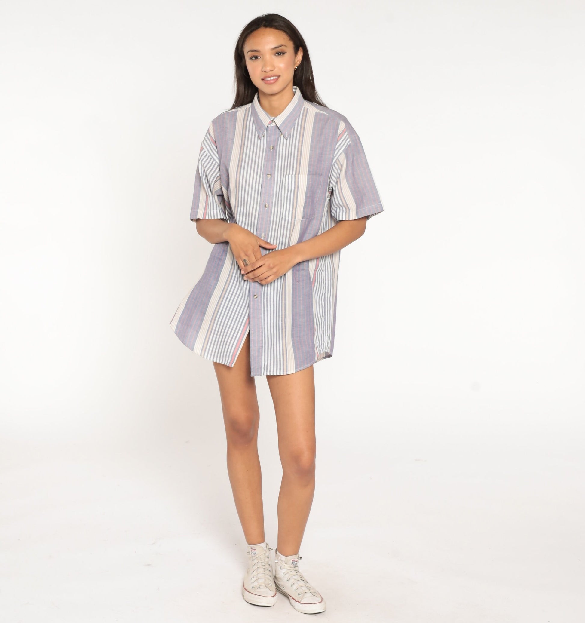 90s Blue White Striped Cotton Button-Up Shirt Chest Pocket Men's Large