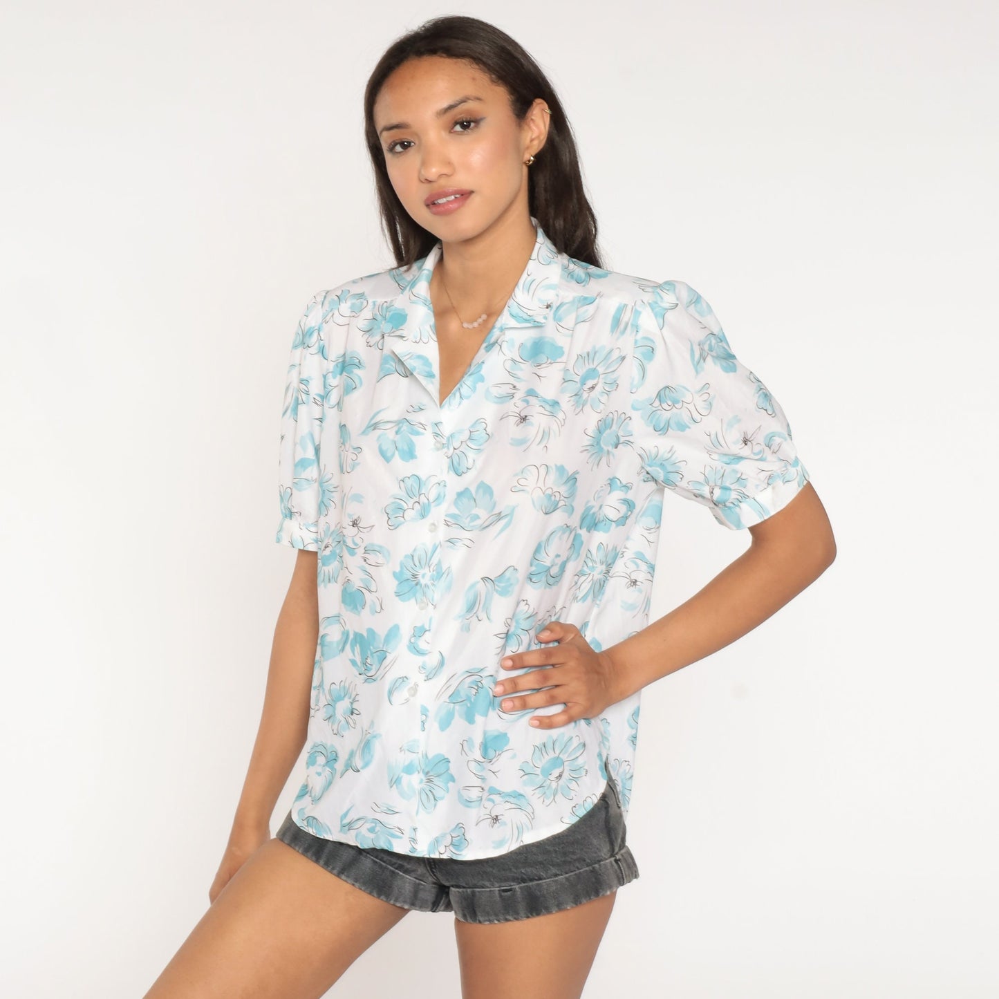 80s Floral Puff Sleeve Button-Up Blouse White Watercolor Print Large L