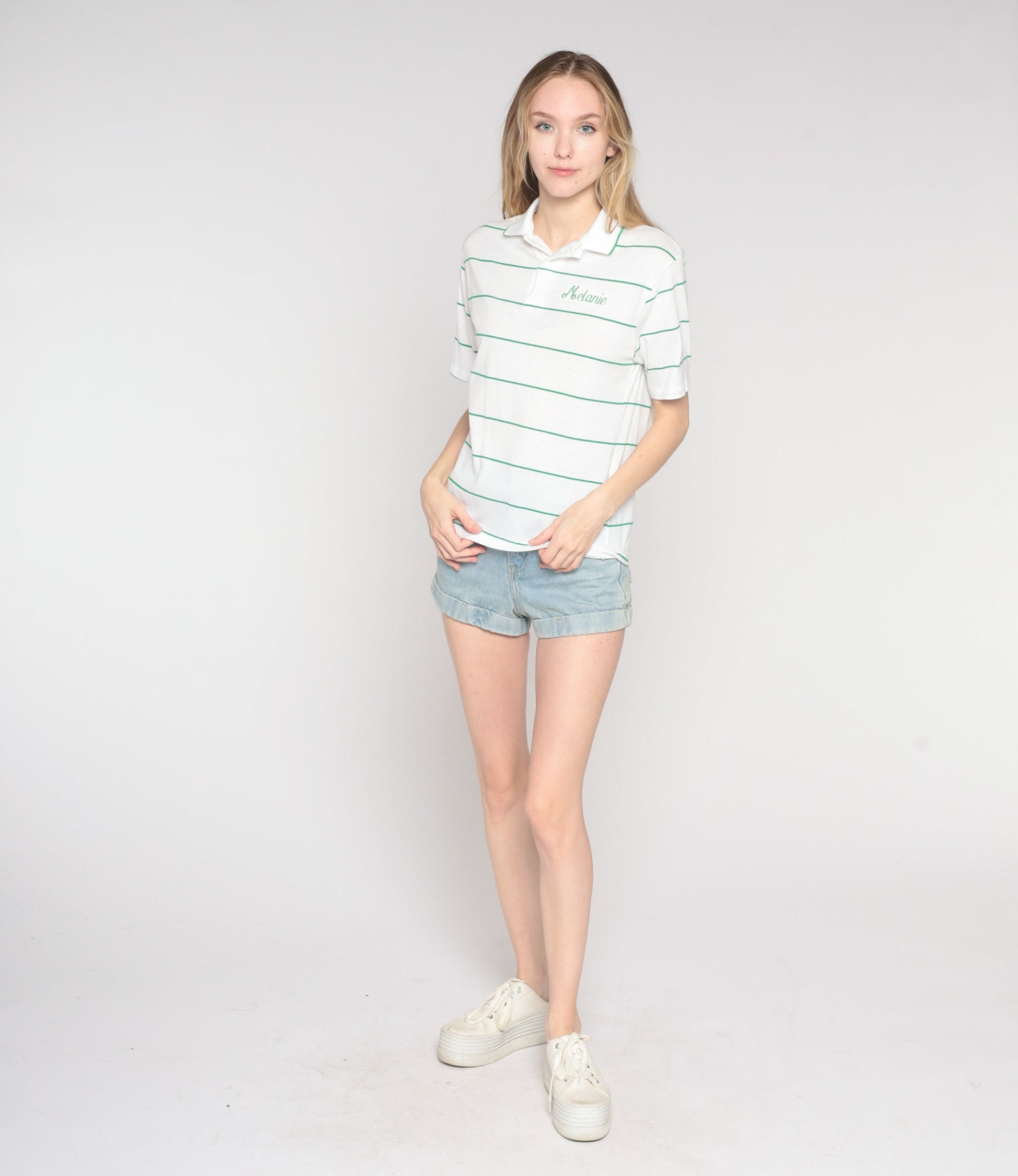 90s Melanie Embroidered Polo Shirt Striped White Green Medium M