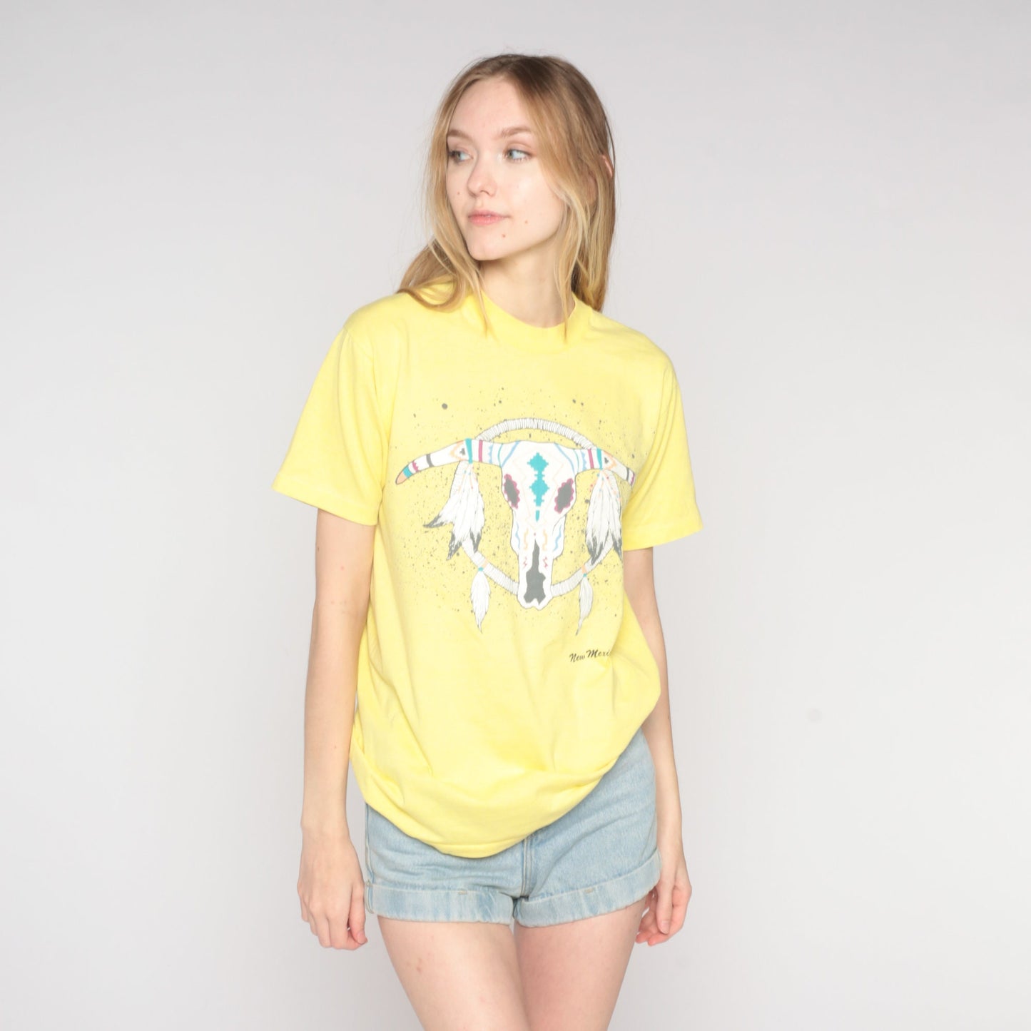 90s New Mexico Dreamcatcher Steer Skull Graphic Tee Yellow Medium